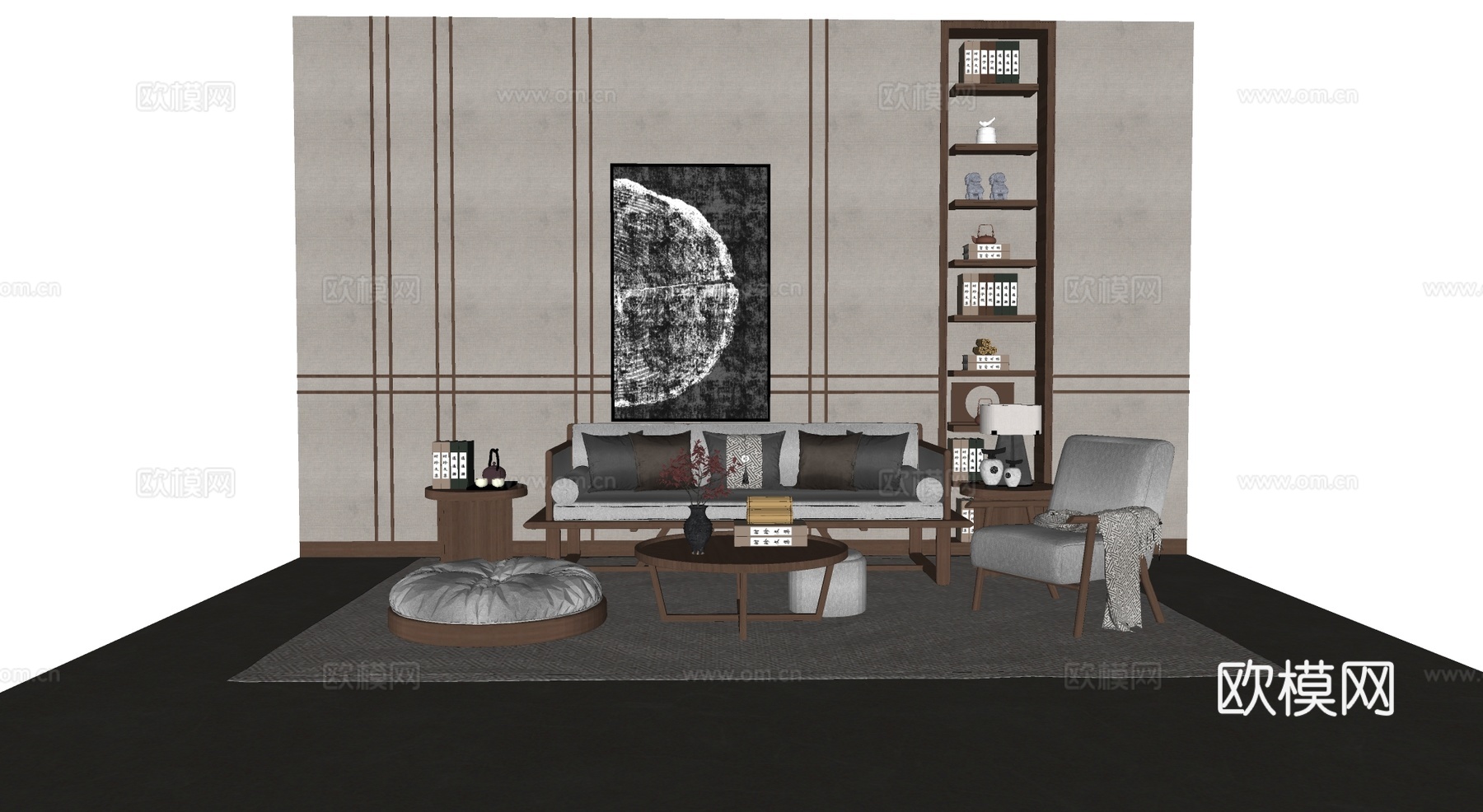 新中式沙发茶几组合 浅灰色布艺沙发 木质书架 置物架 满墙书su模型下载（渲染图3）