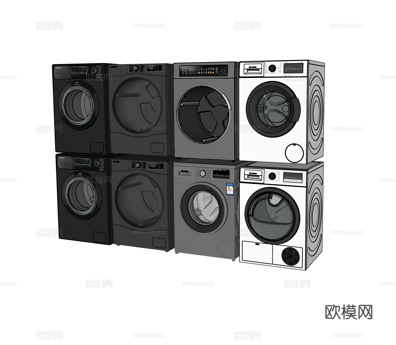 现代洗衣机组合 洗烘套装su模型