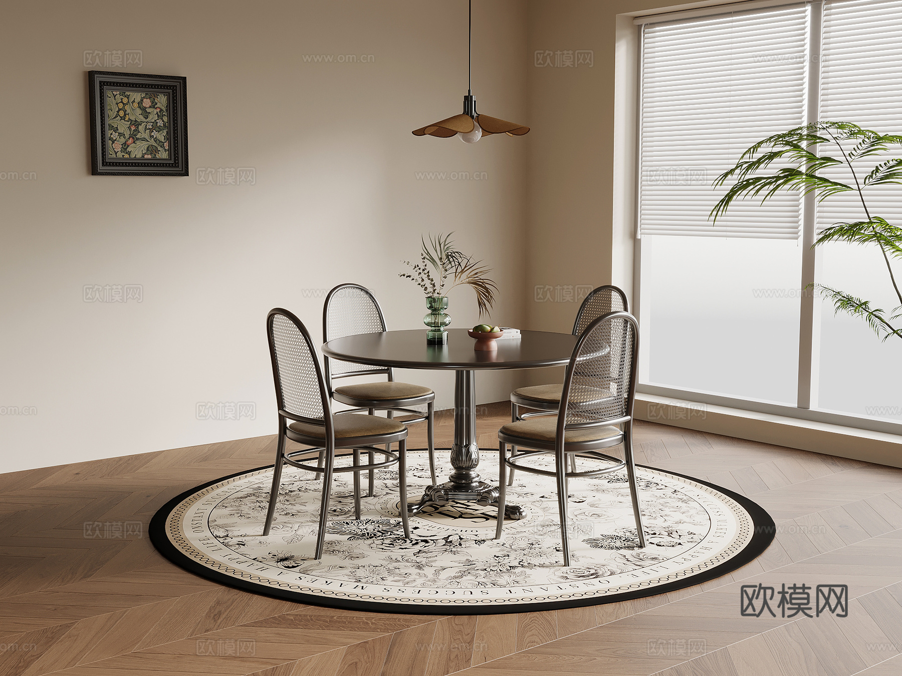 法式复古风餐桌椅 圆形餐桌椅su模型
