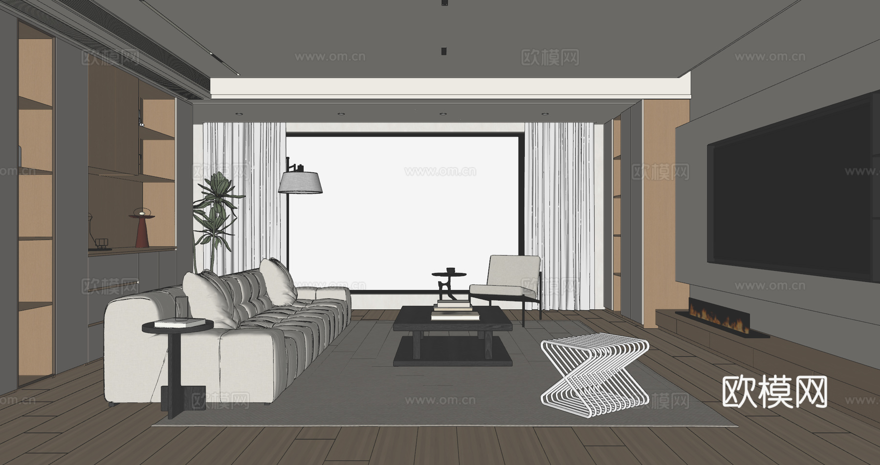 原木风无主灯客厅su模型下载（渲染图4）