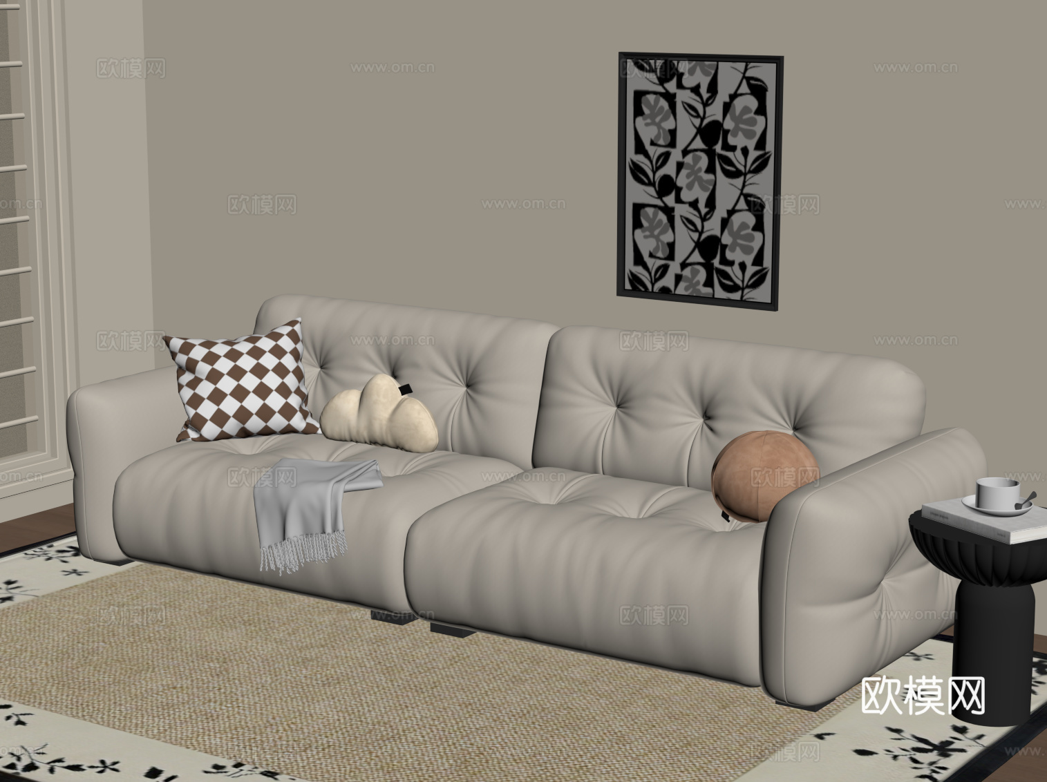 现代奶油双人沙发 法式双人沙发 边几 挂画su模型