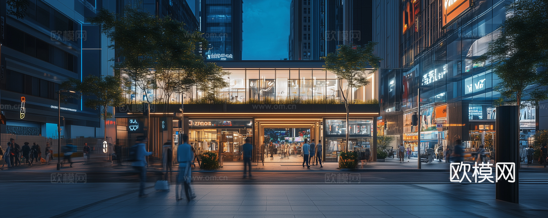 现代城市街道夜景_商业街外景