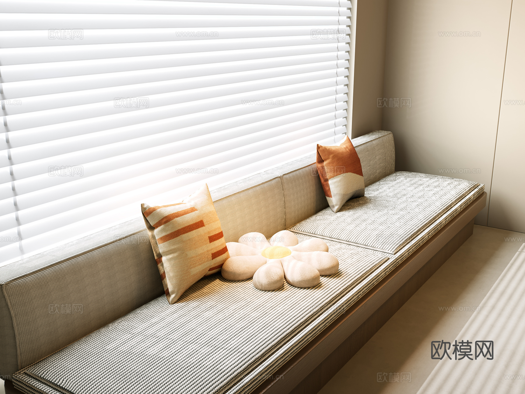 现代飘窗柜 飘窗 中古风坐垫 坐垫 百叶帘 窗帘 现代飘窗垫su模型