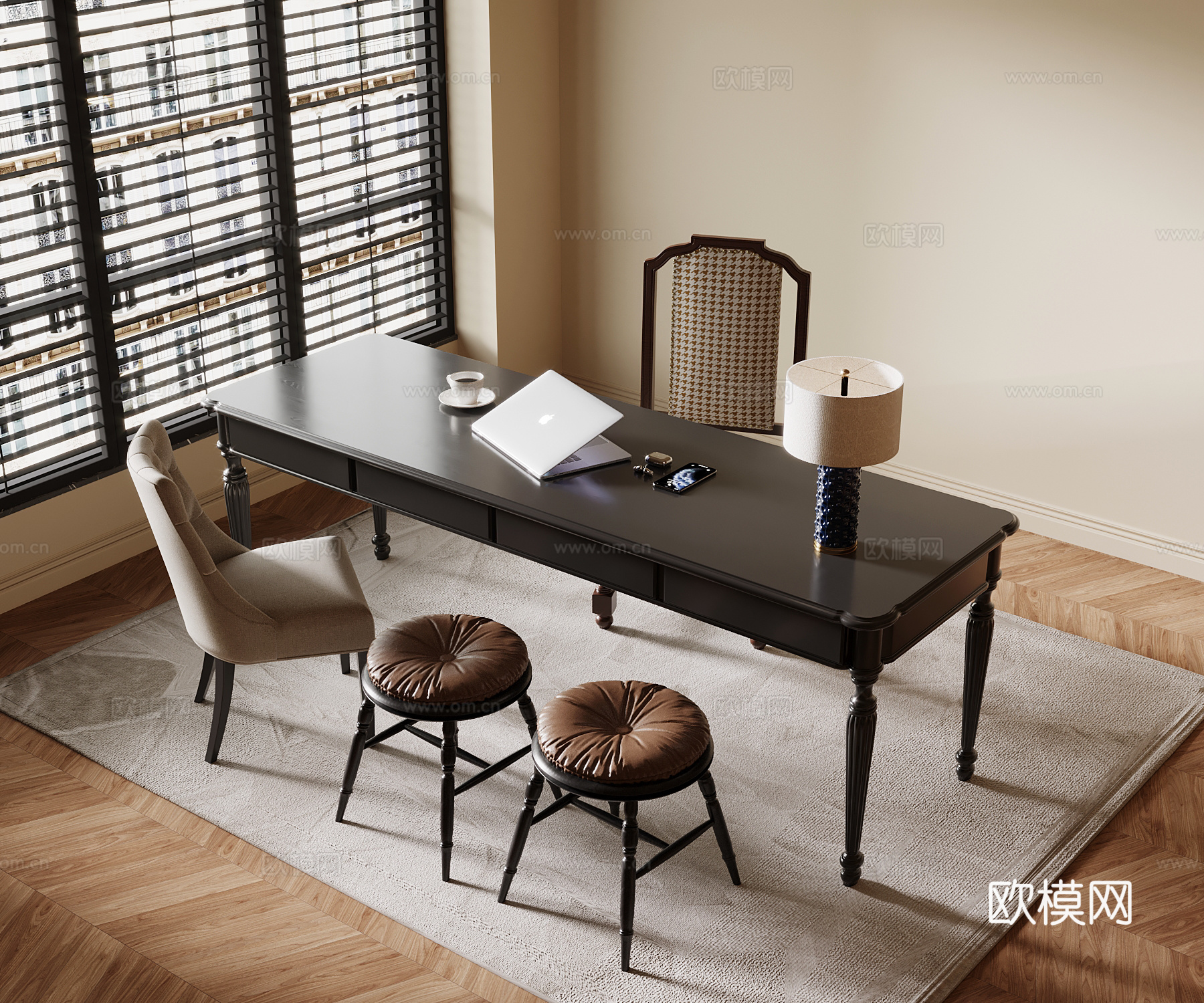 法式复古风书桌椅 办公桌椅su模型