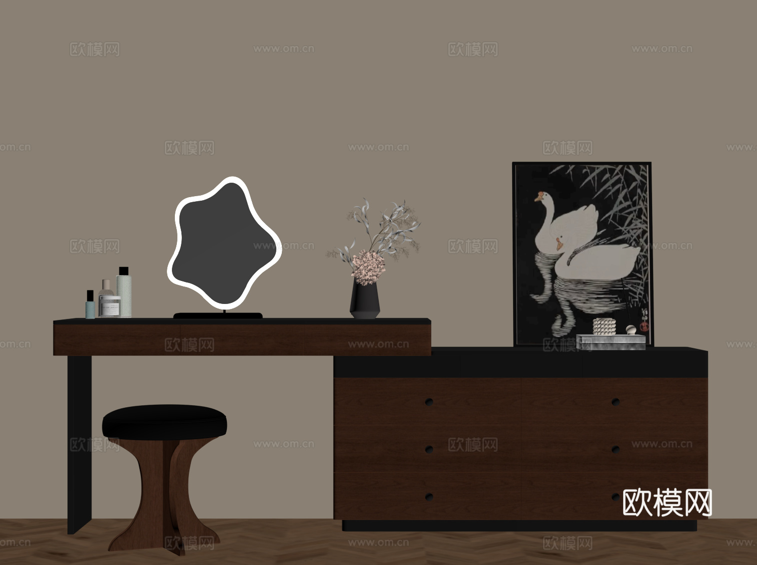法式复古梳妆台 梳妆凳su模型