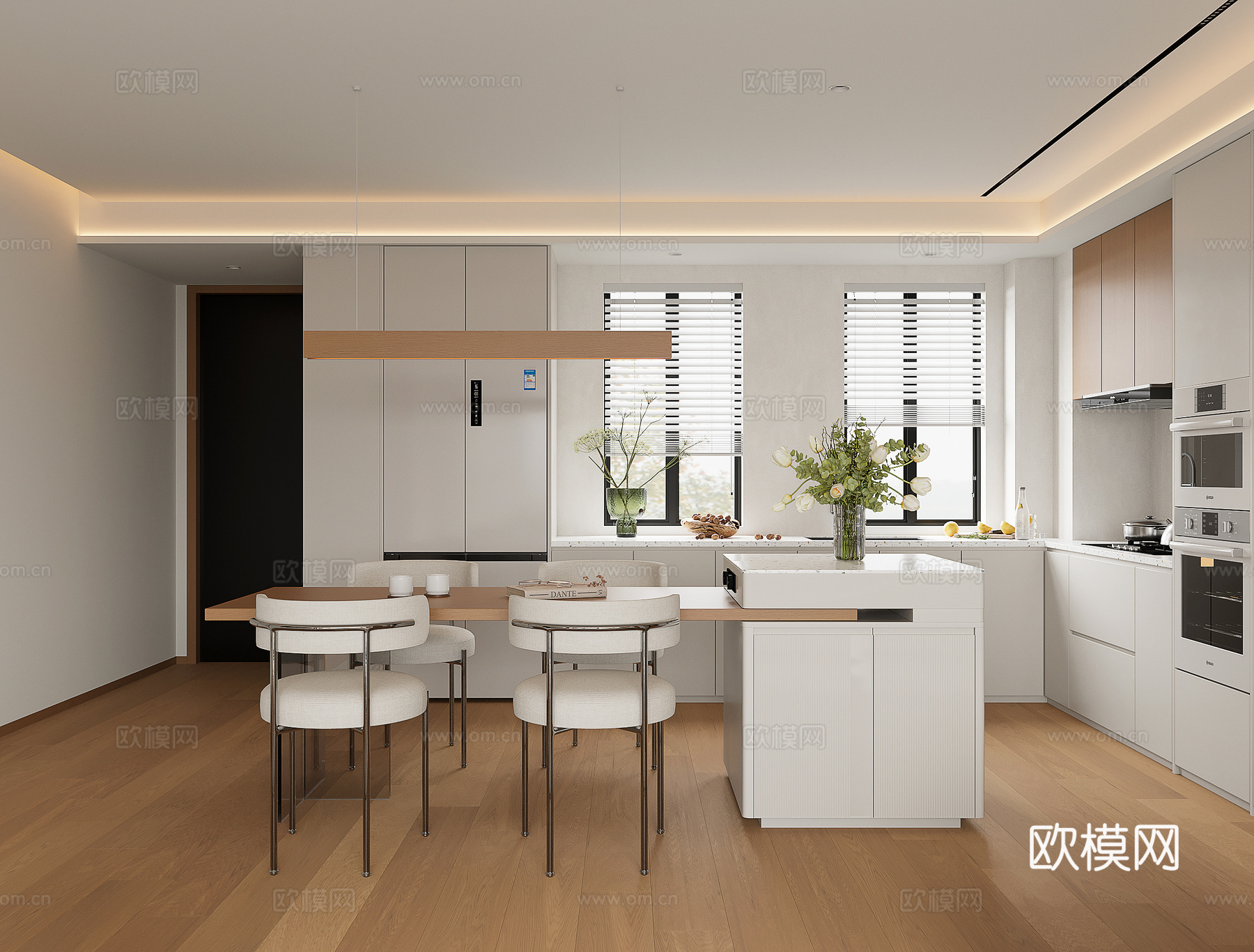 原木风开放式厨房岛台餐厅su模型