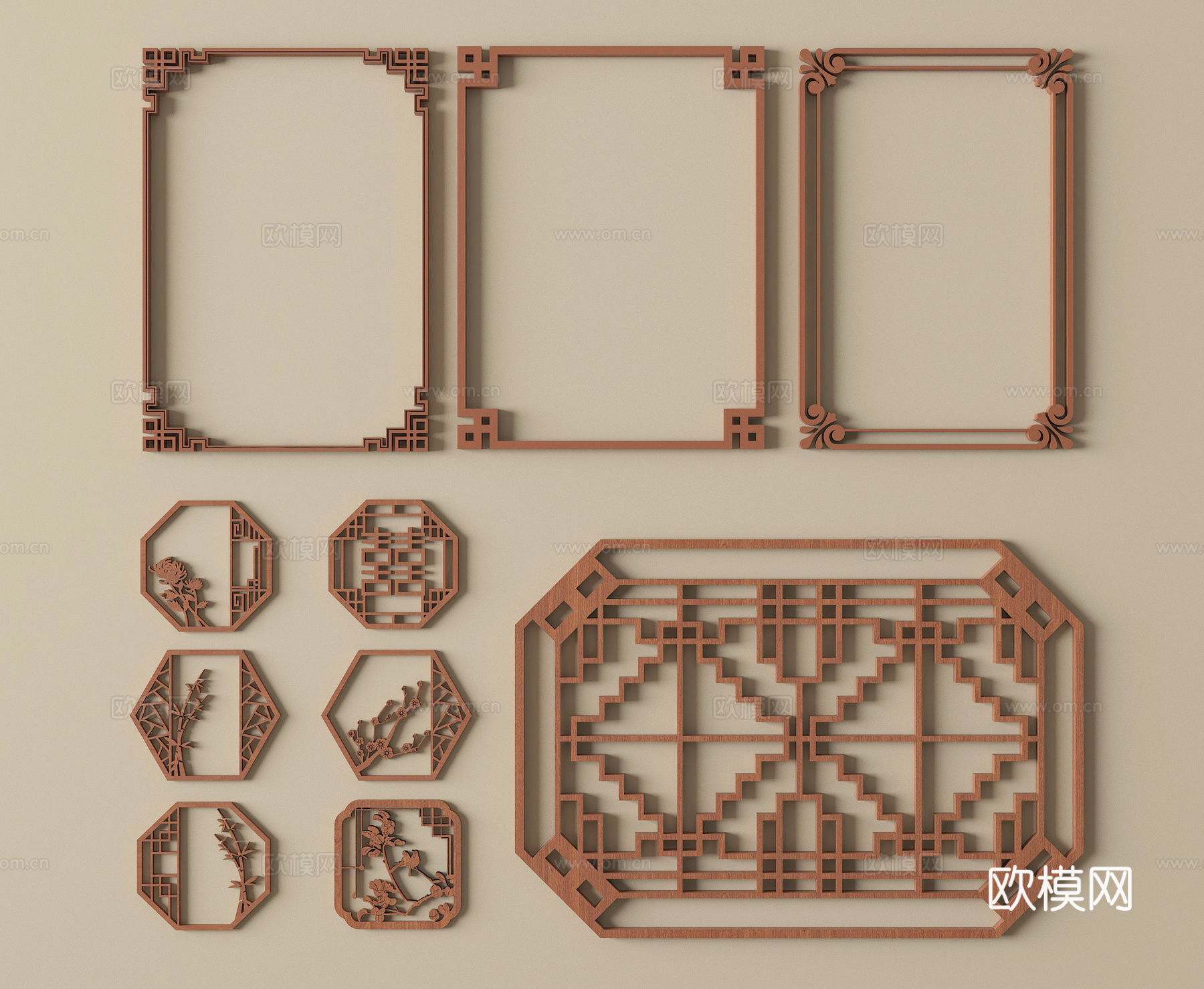 新中式镂花窗 仿古漏窗 窗花 镂空窗格 景墙花格窗su模型