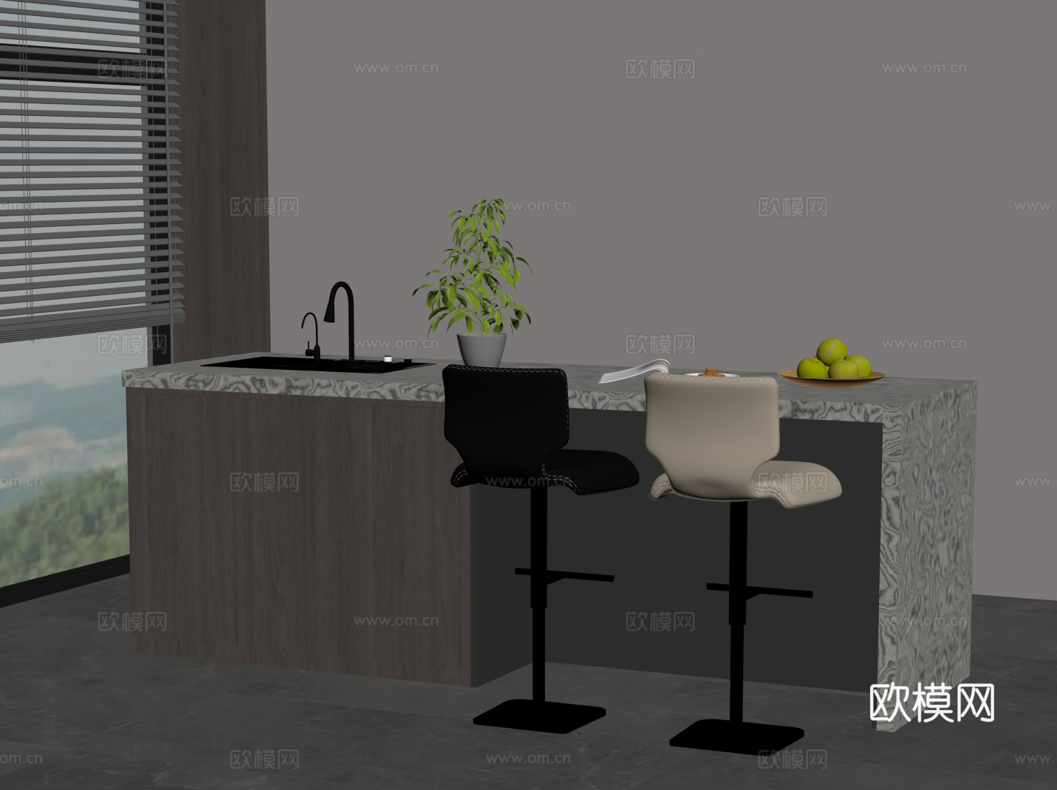 现代意式岛台 餐桌椅 吧台su模型