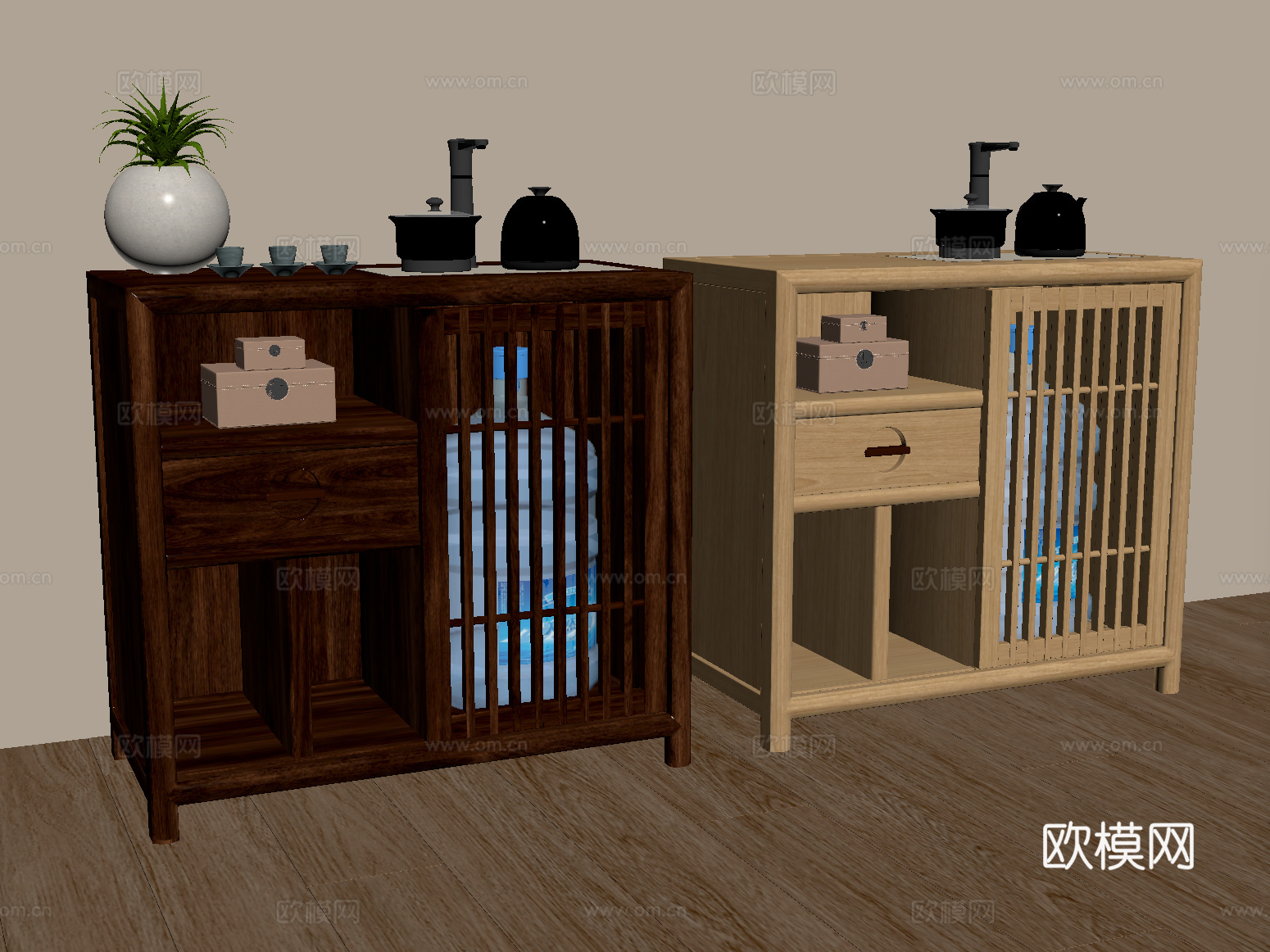 新中式茶柜 茶水柜 茶壶 茶具su模型