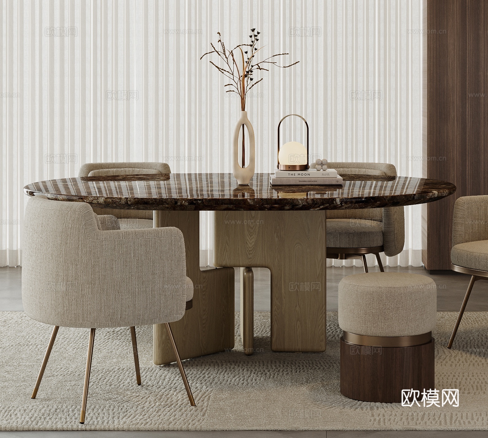 MINOTTI 现代意式餐厅 餐桌椅 大理石餐桌 布艺餐椅su模型
