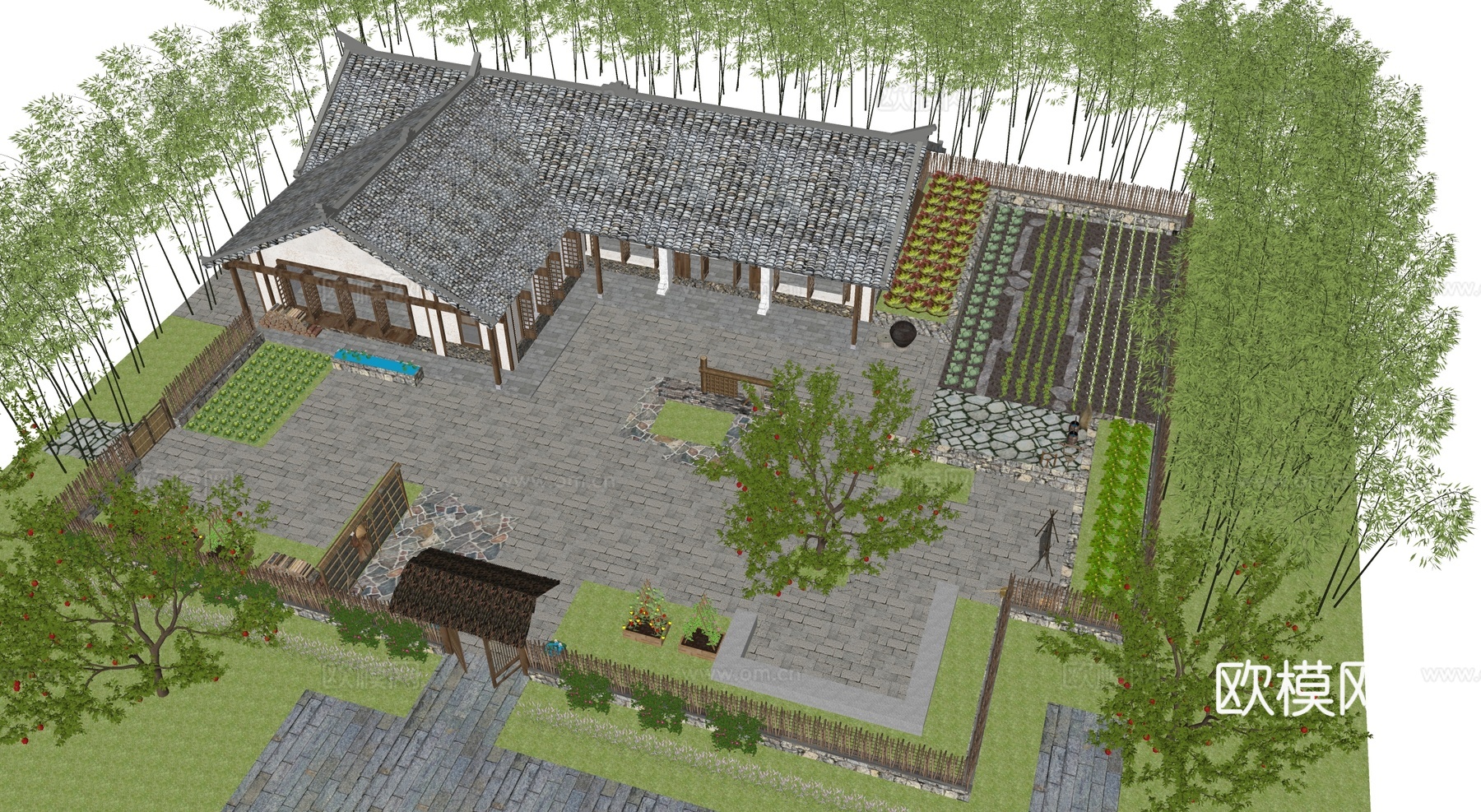 新中式美丽乡村庭园 农家民宿su模型