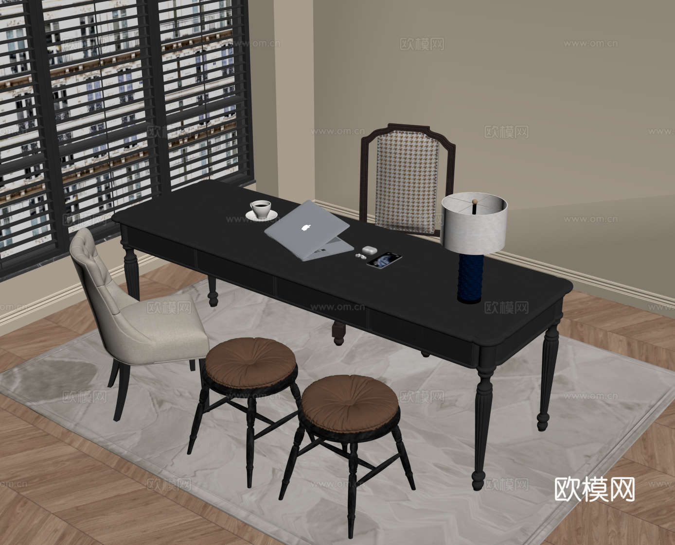 法式复古风书桌椅 办公桌椅su模型