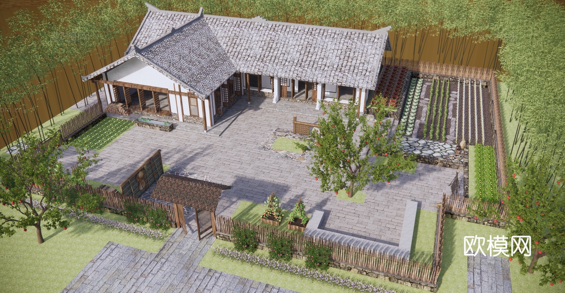 新中式美丽乡村庭园 农家民宿su模型