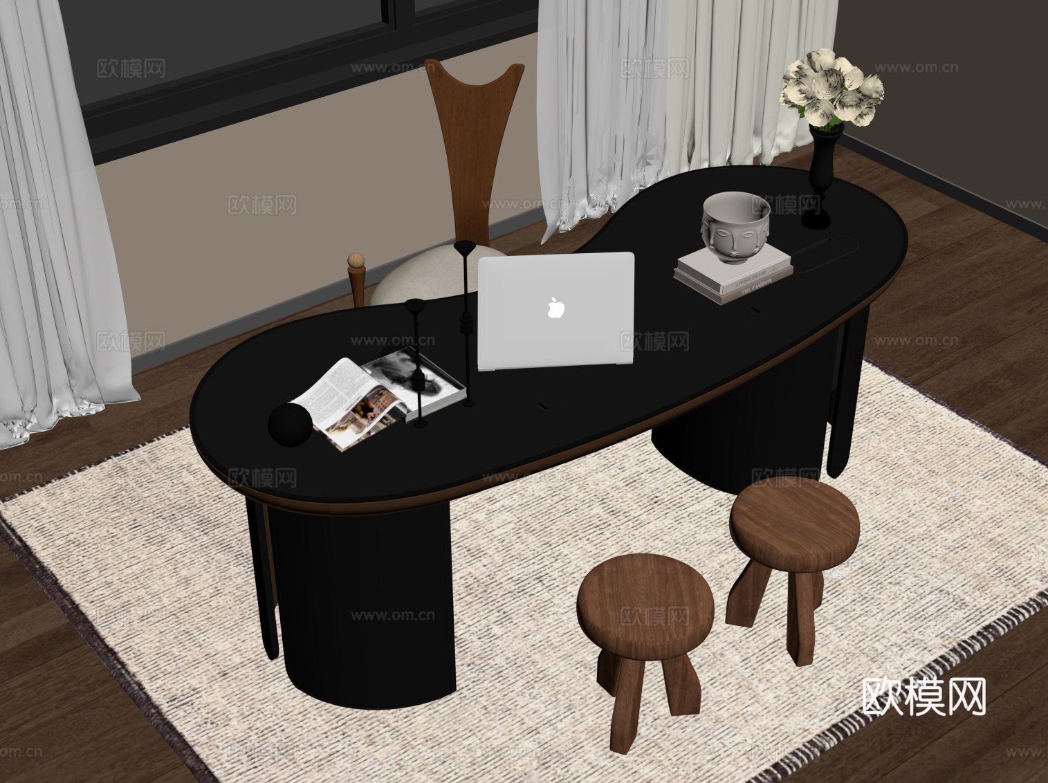 奶油风茶几su模型