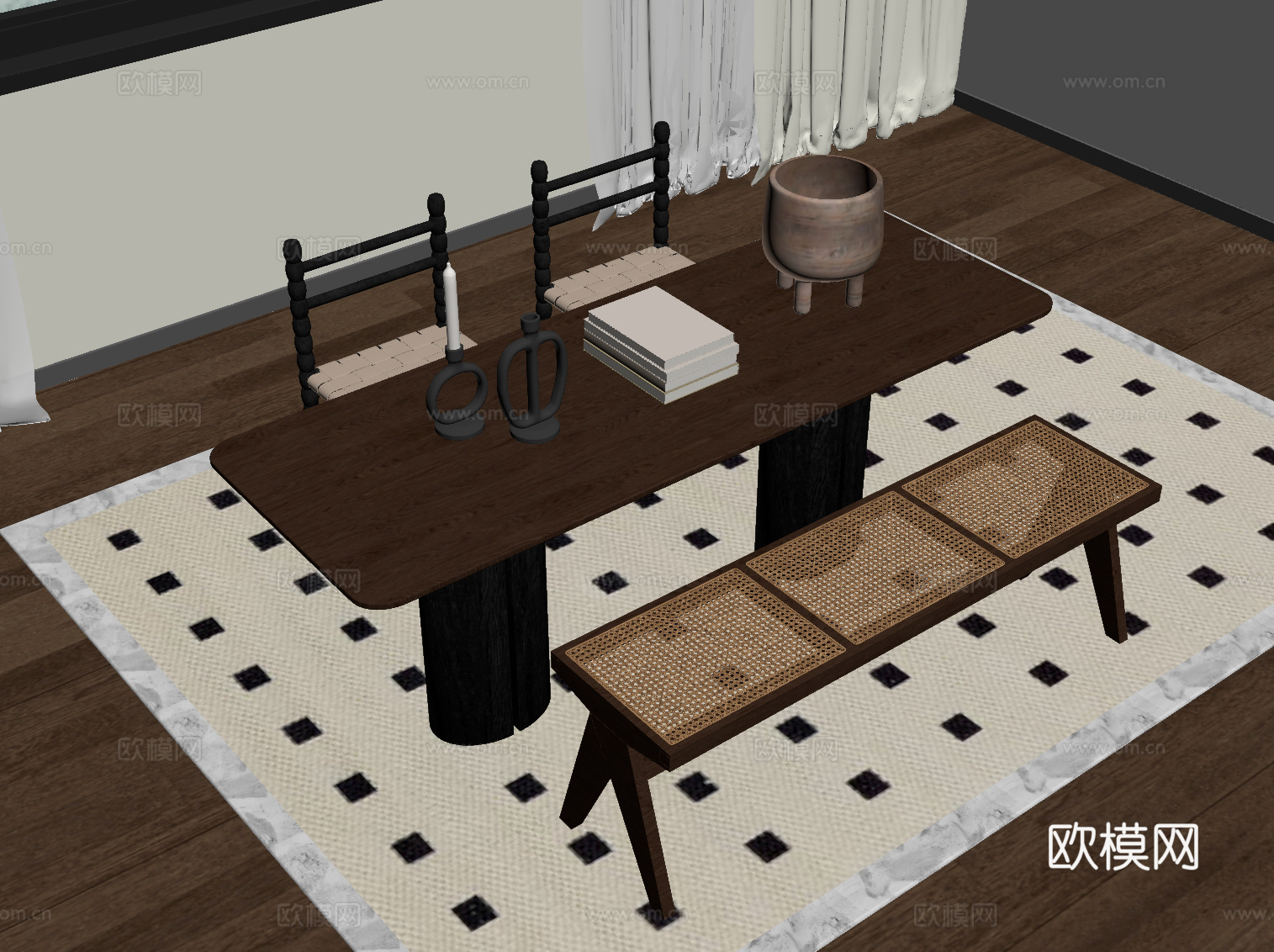 中古风书桌椅su模型