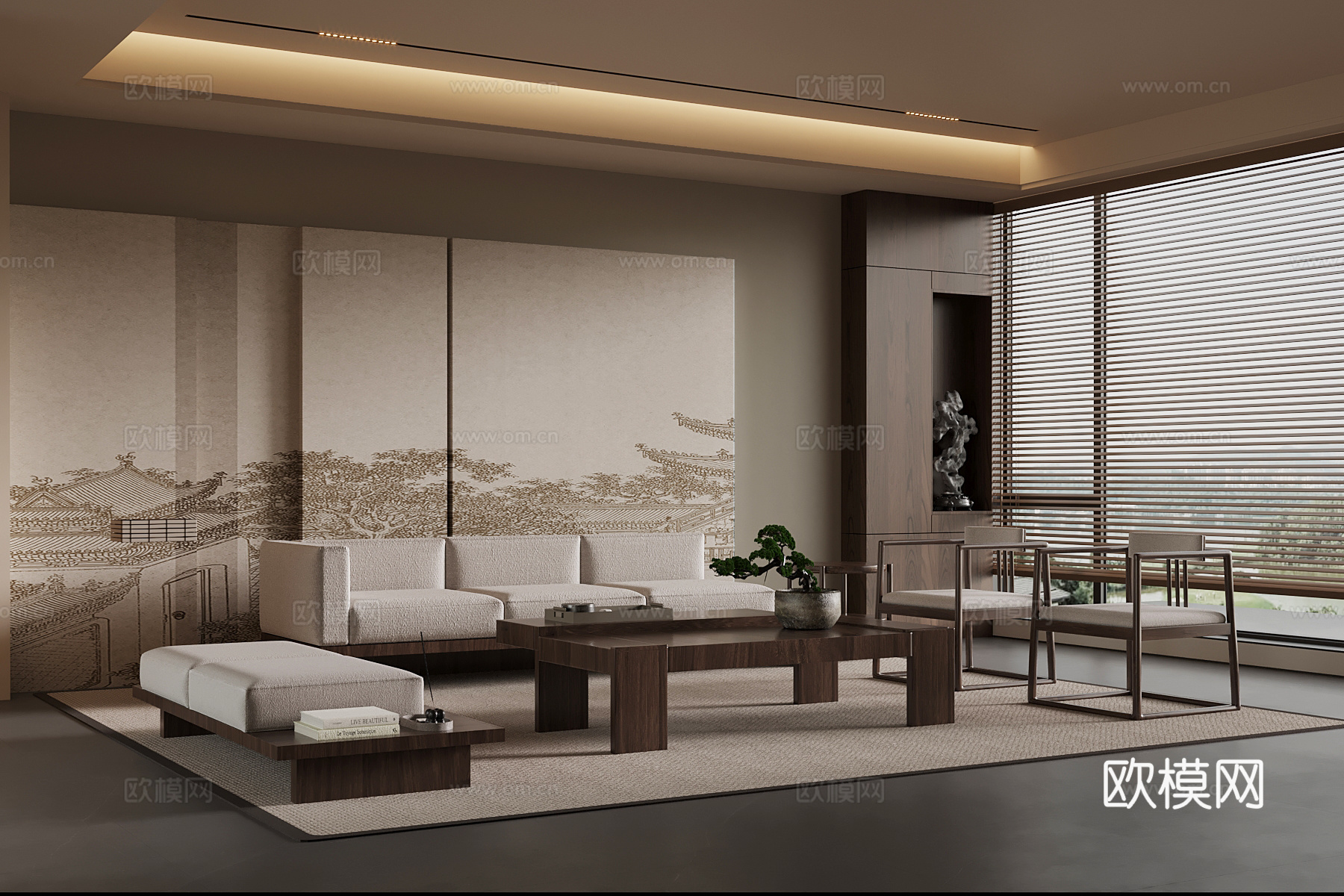 新中式沙发茶几组合su模型