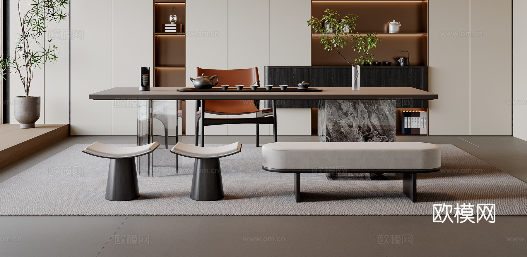 新中式茶室 茶桌椅 茶柜 吊灯 装饰柜 地毯3d模型下载（渲染图2）