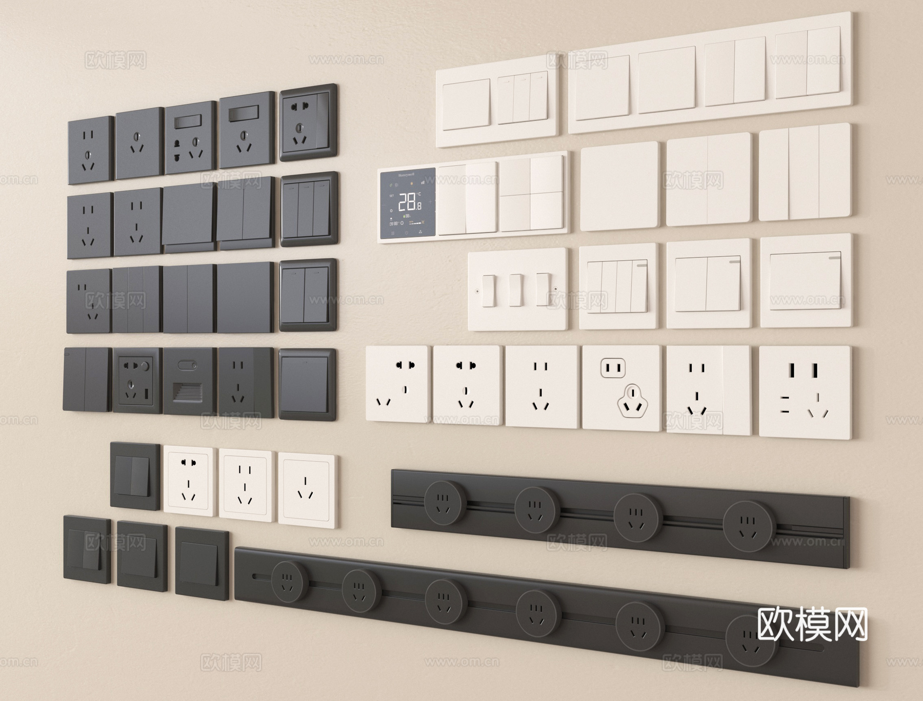 现代开关插座组合 轨道插座su模型