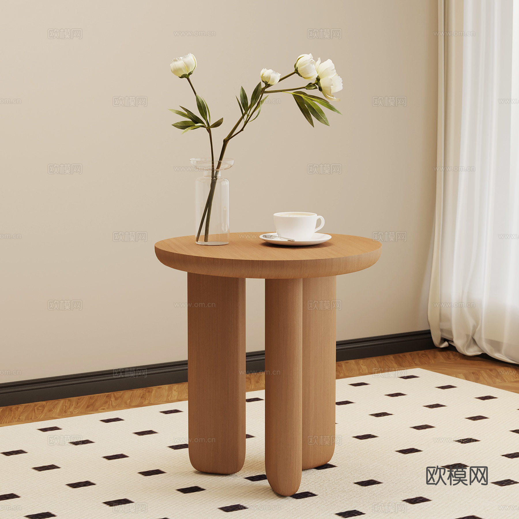 现代中古边几 奶油风边几su模型