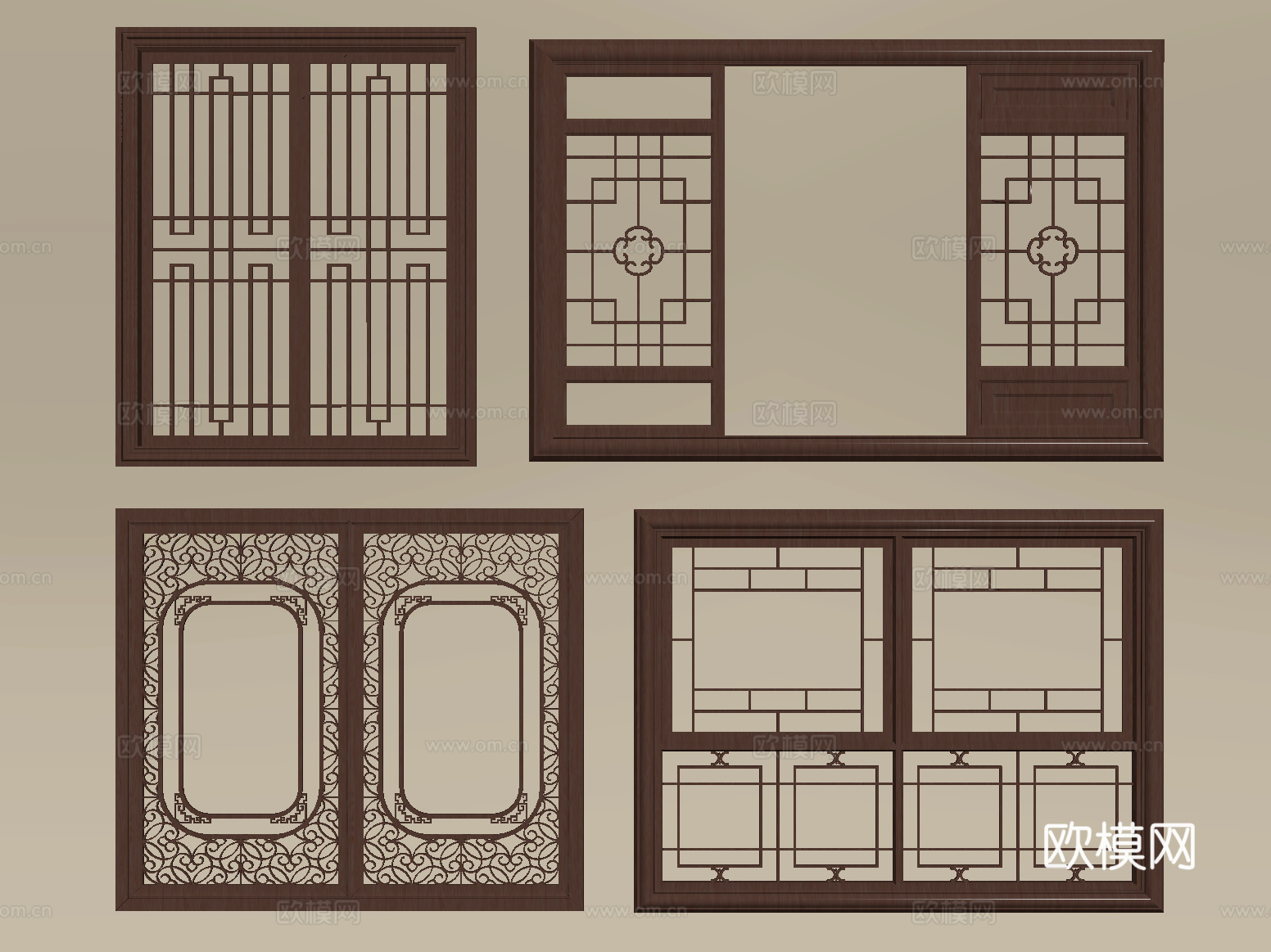 新中式镂花窗 雕花窗 花格窗 木质窗su模型