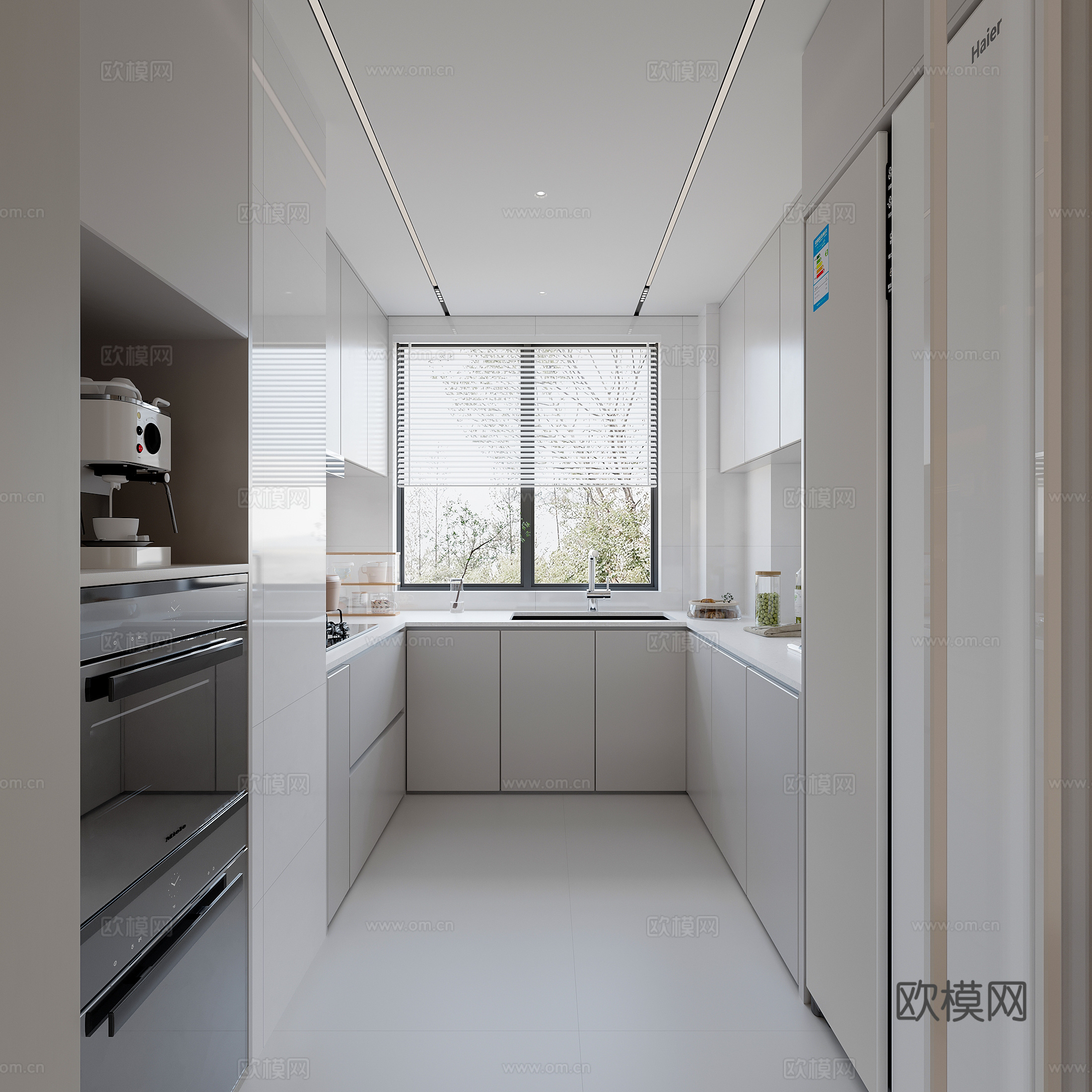现代极简U型厨房su模型下载（渲染图1）