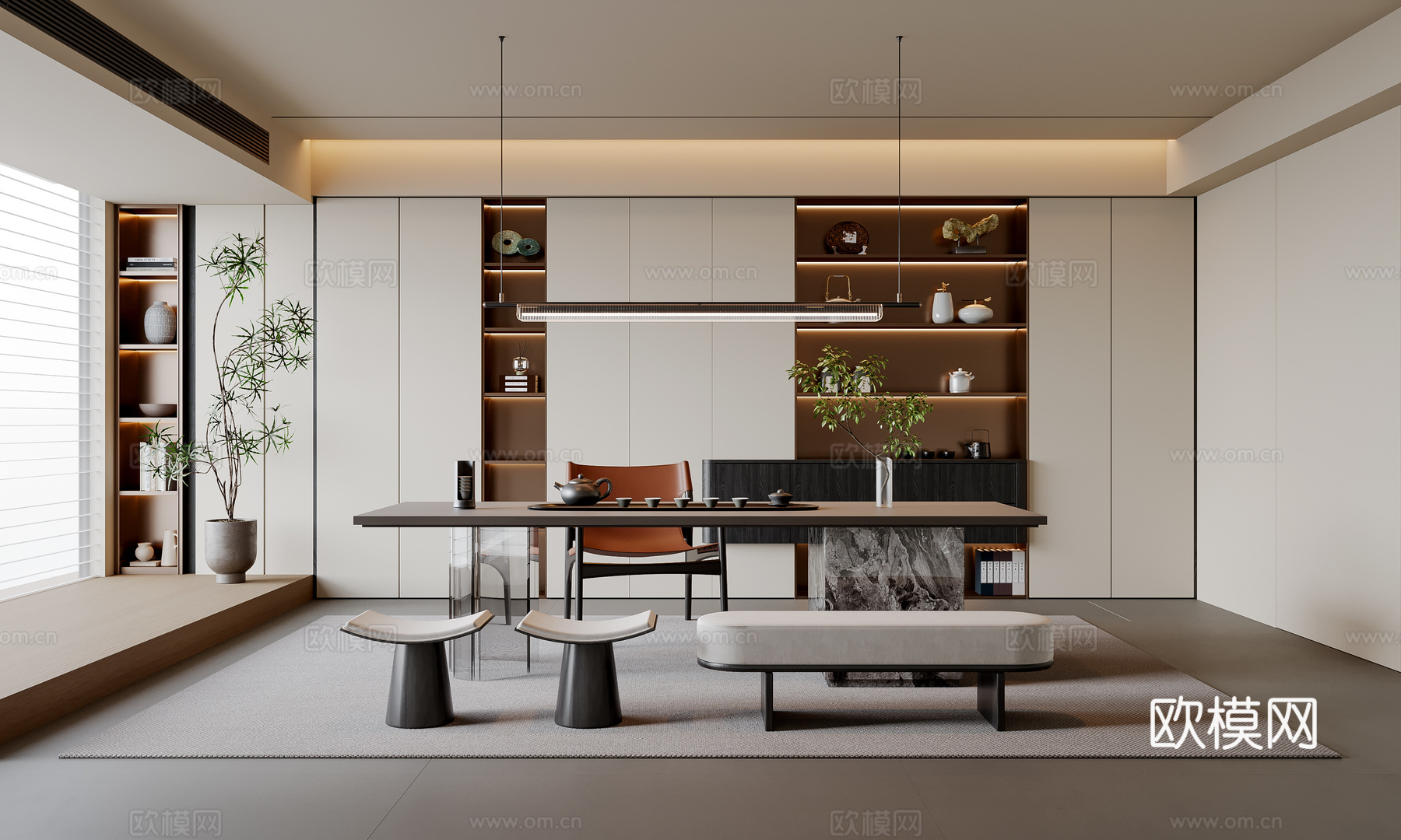 新中式茶室 茶桌椅 茶柜 吊灯 装饰柜 地毯3d模型下载（渲染图1）