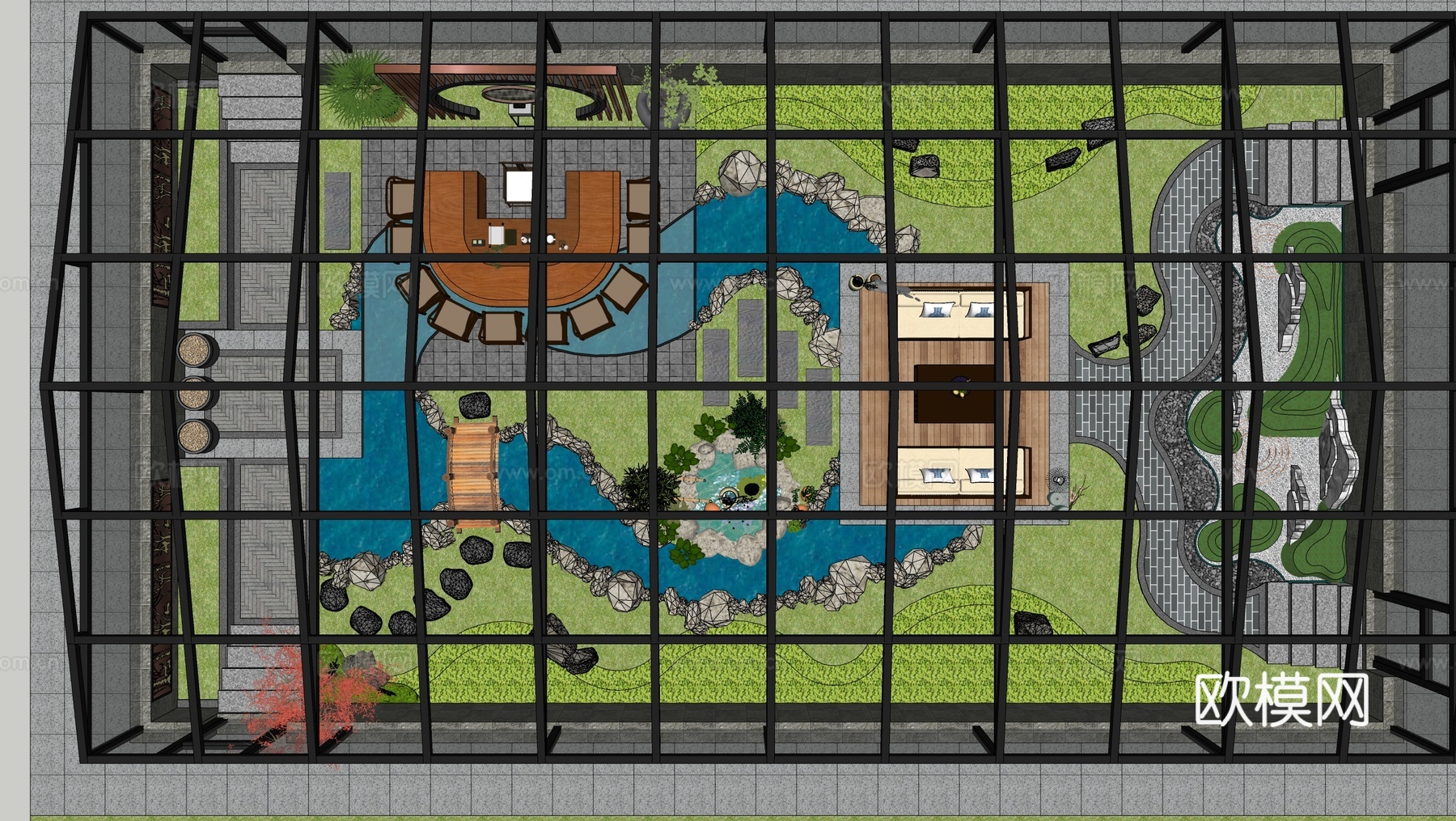 新中式庭院景观 庭院花园su模型