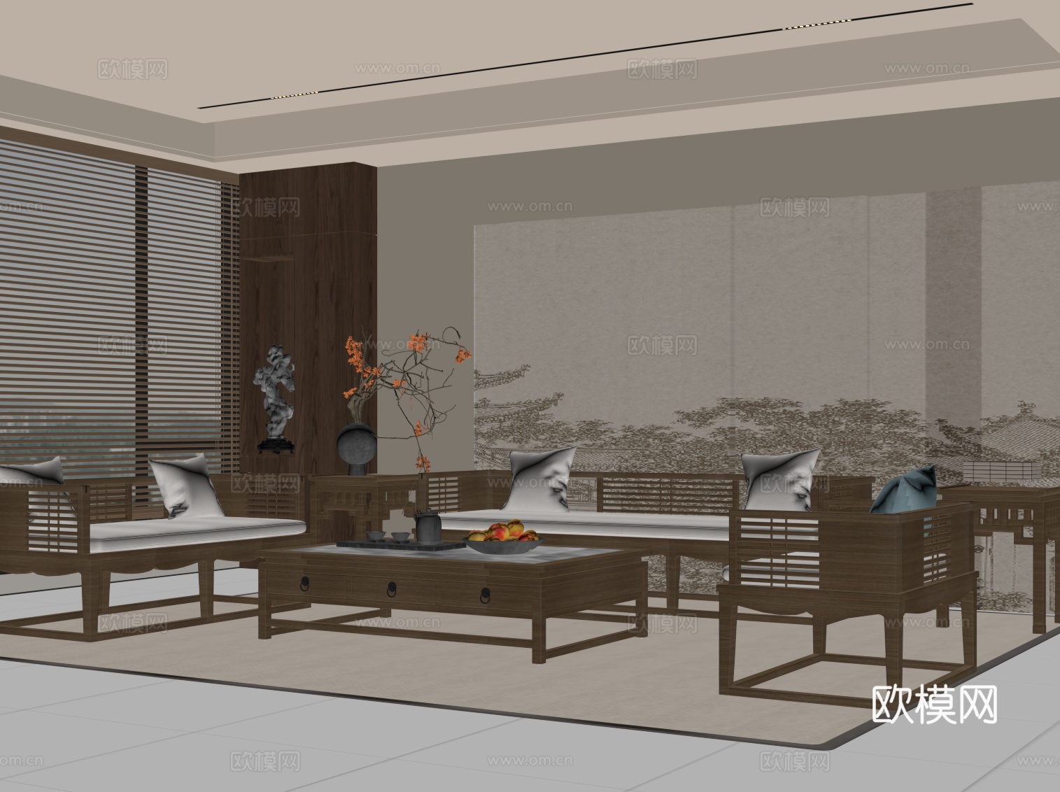 新中式沙发茶几组合su模型
