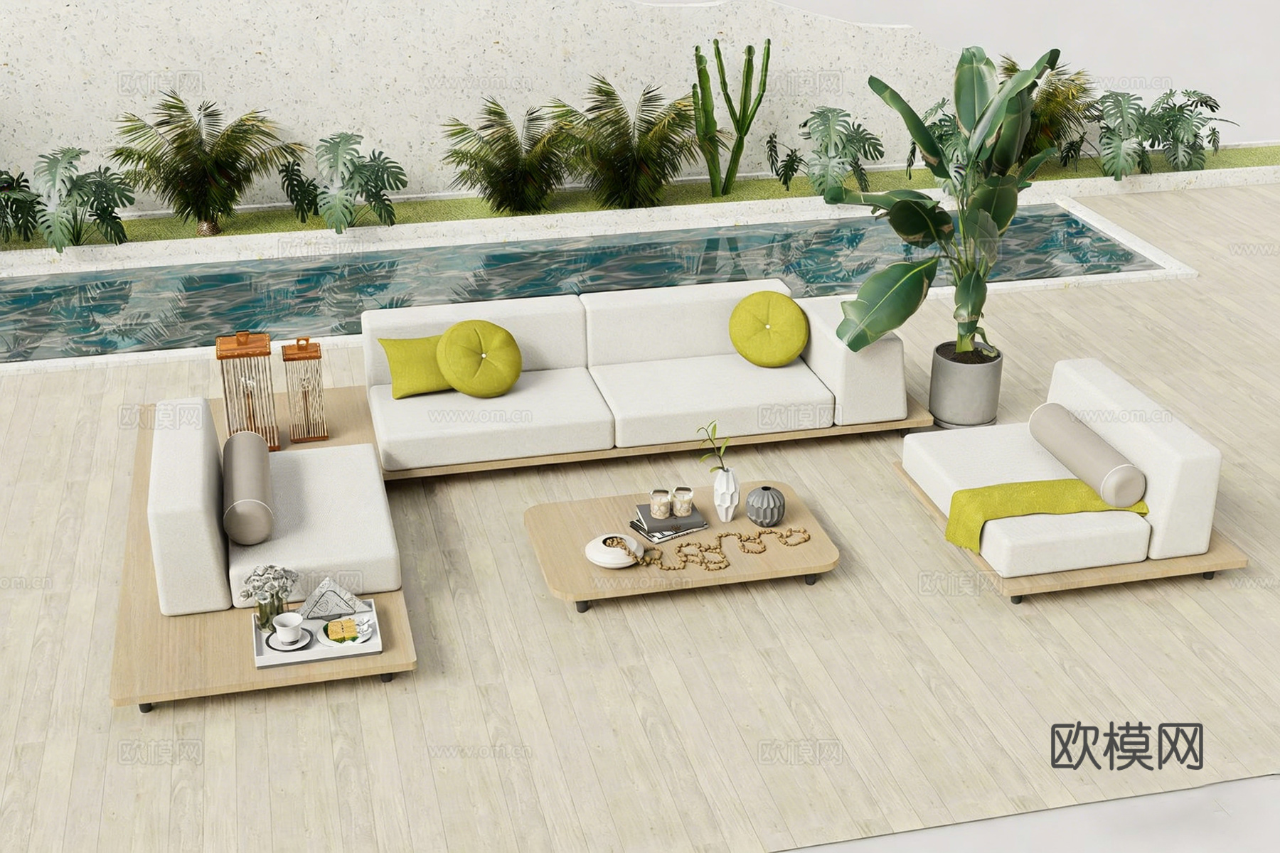 户外沙发 庭院家具 木质茶几 户外茶几su模型