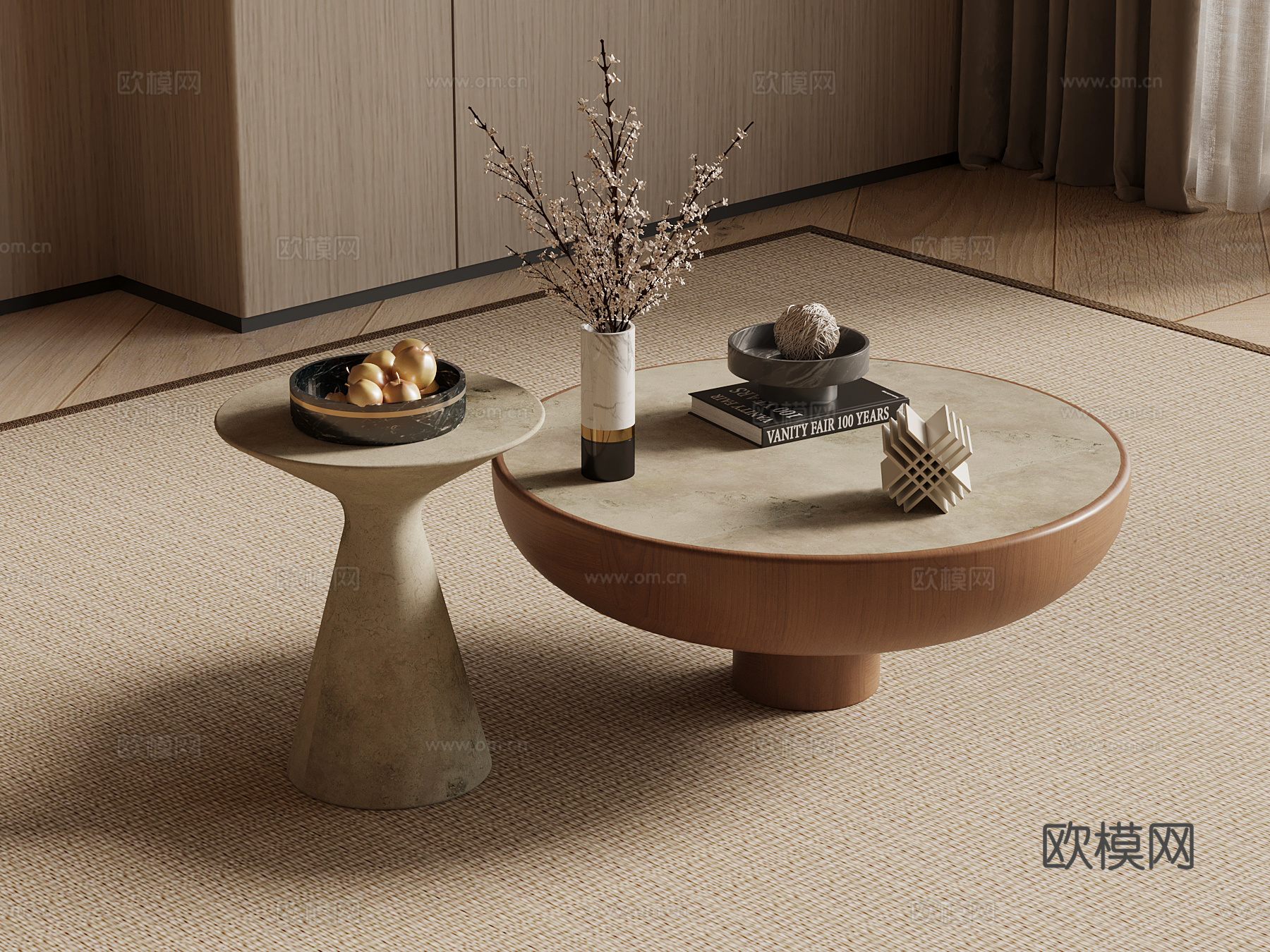 中古风茶几 圆形茶几 子母茶几su模型