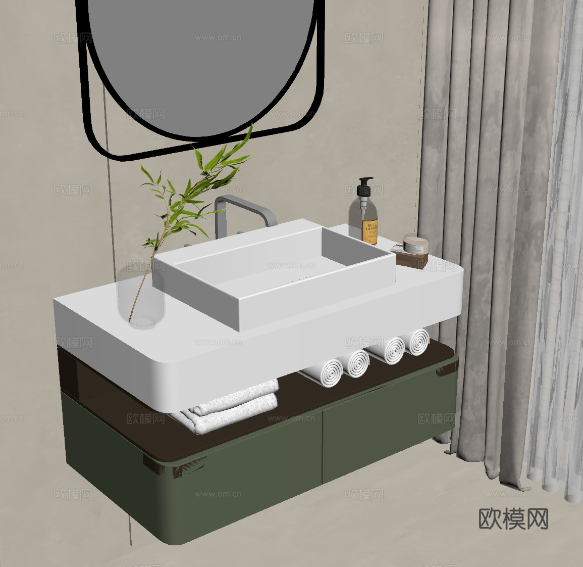 现代奶油风浴室柜 洗手台 镜子su模型