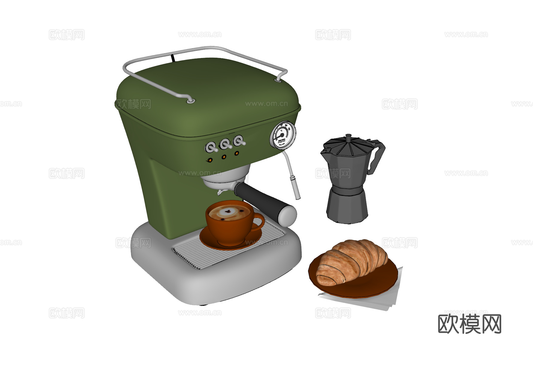 现代复古咖啡机 面包 咖啡壶 摩卡壶 食物 咖啡角su模型