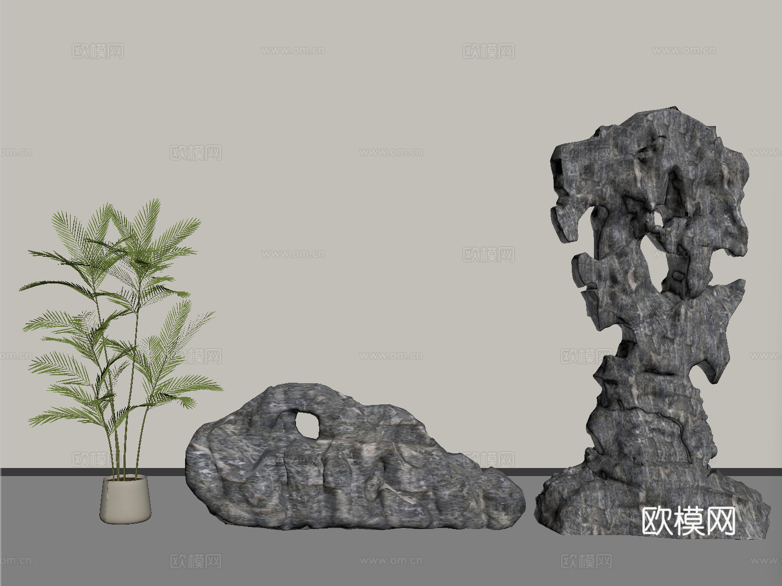 新中式假山石头  太湖石雕塑摆件su模型