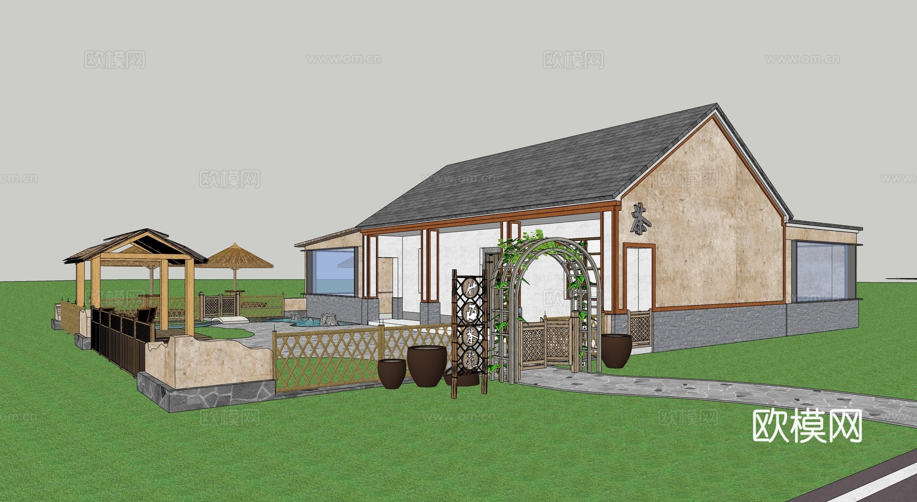 中式乡村庭院 乡村茶苑su模型