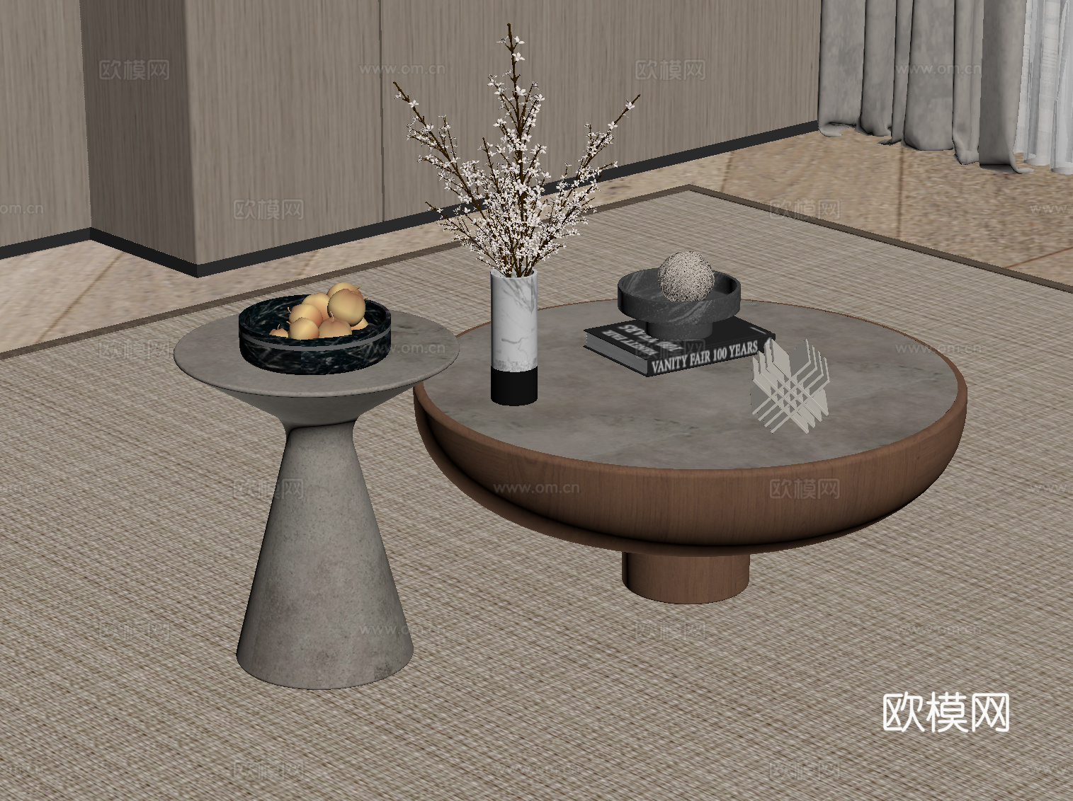 中古风茶几 圆形茶几 子母茶几su模型