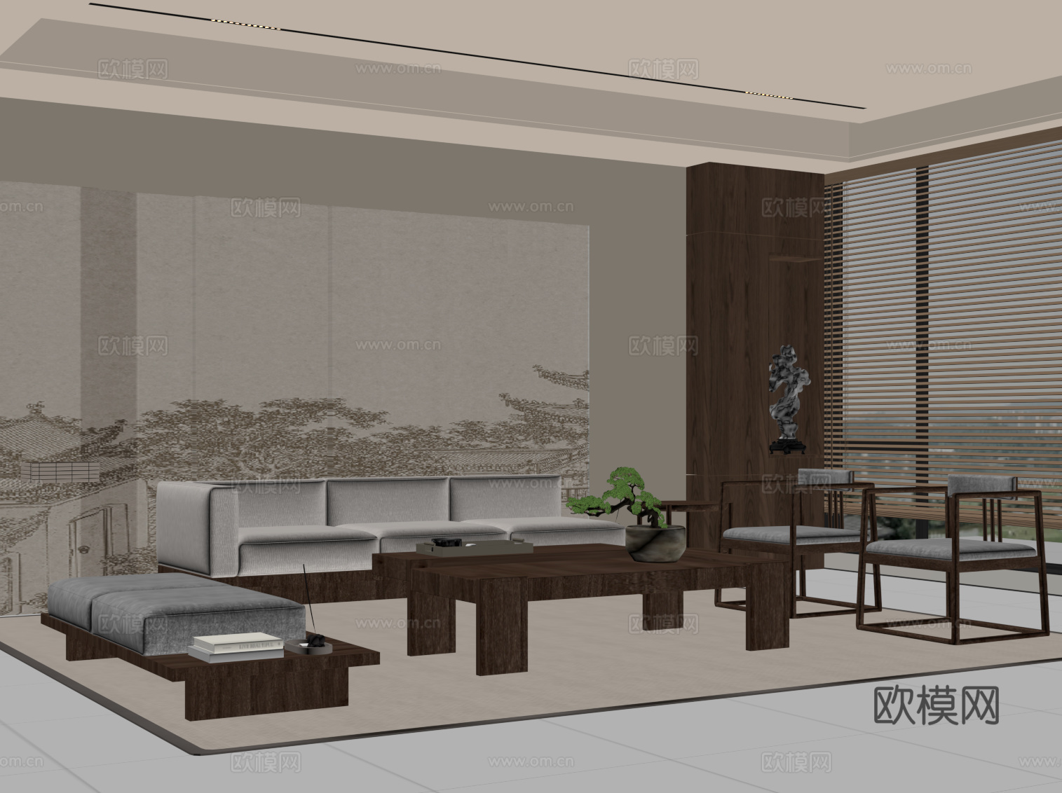 新中式沙发茶几组合su模型