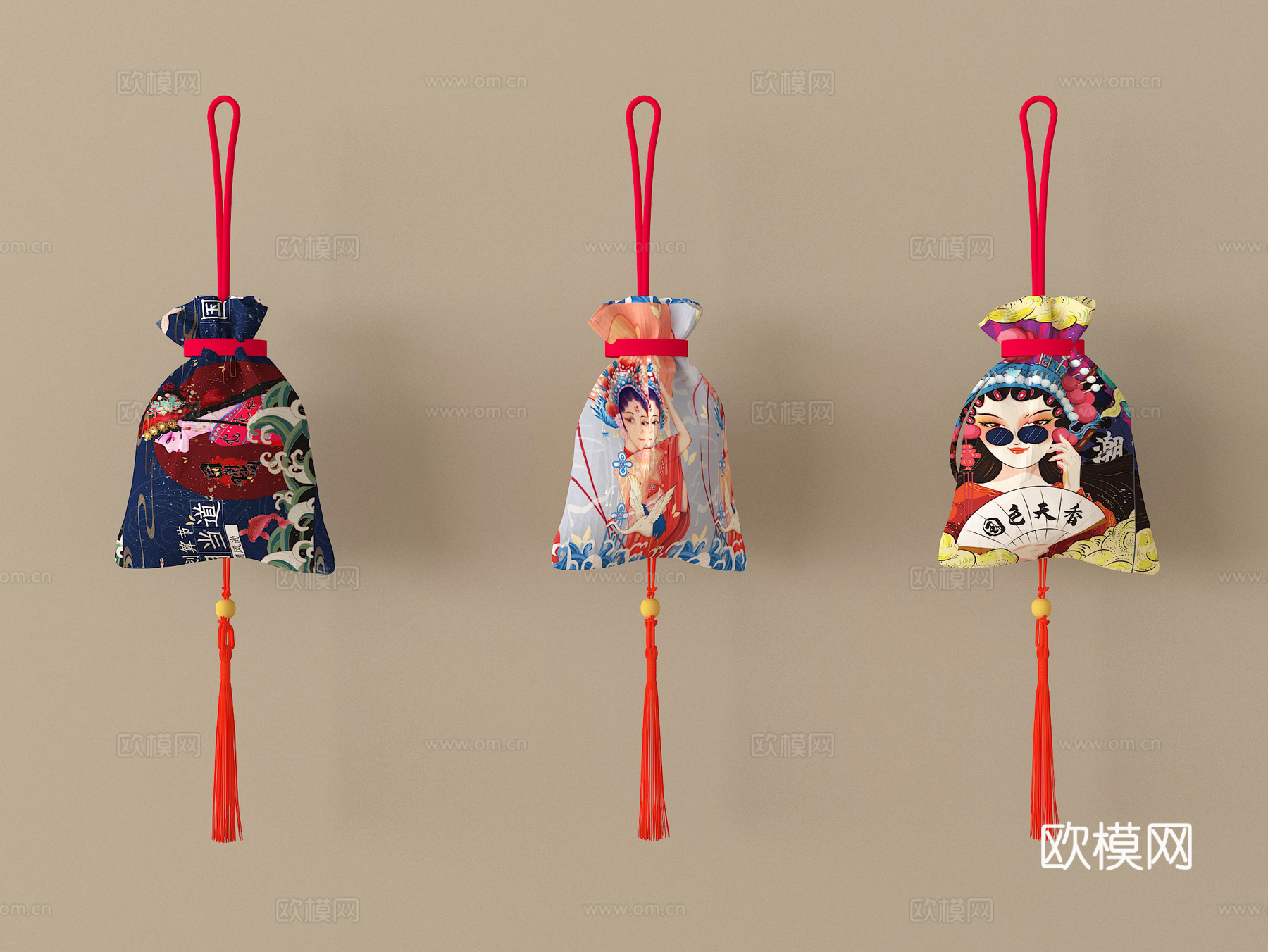 新中式挂件 刺绣香囊挂件 香包荷包su模型