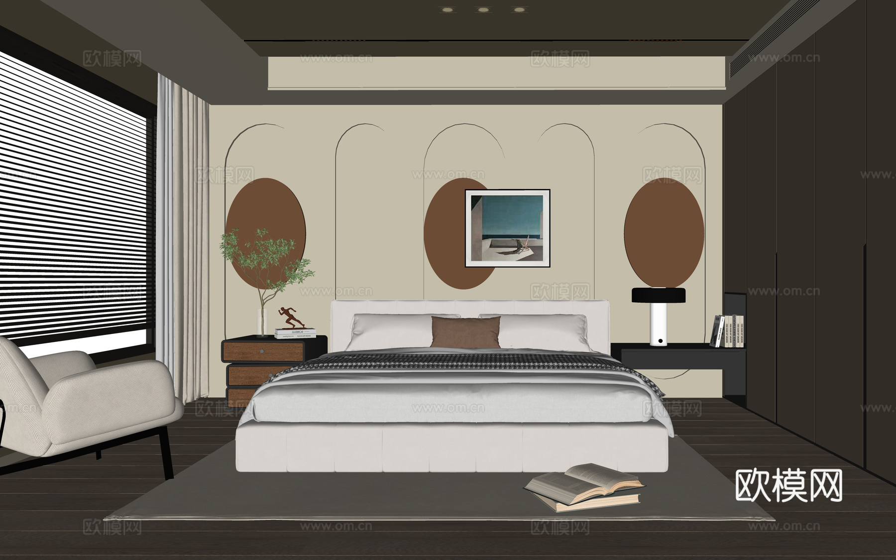 现代卧室 双人床su模型