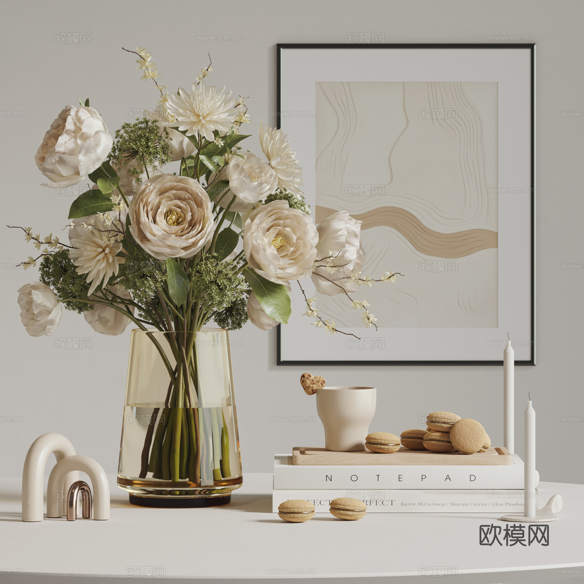 现代奶油风饰品摆件组合 花瓶花艺 书籍 挂画  马卡龙su模型