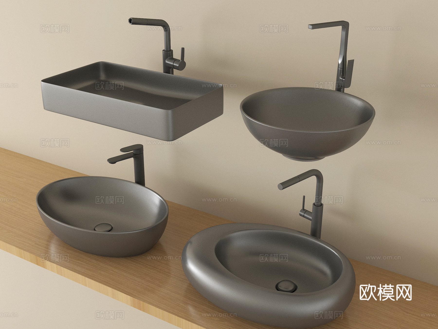 现代洗手台组合 台上盆 台盆 水龙头su模型