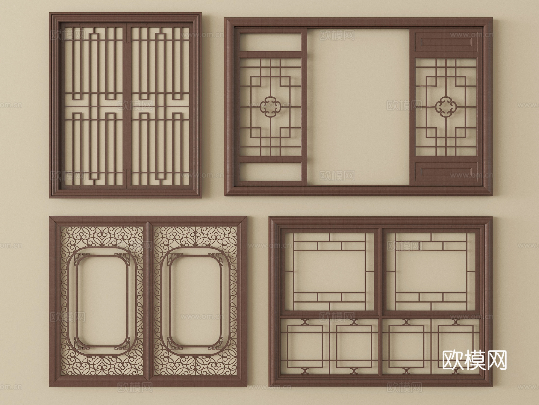 新中式镂花窗 雕花窗 花格窗 木质窗su模型