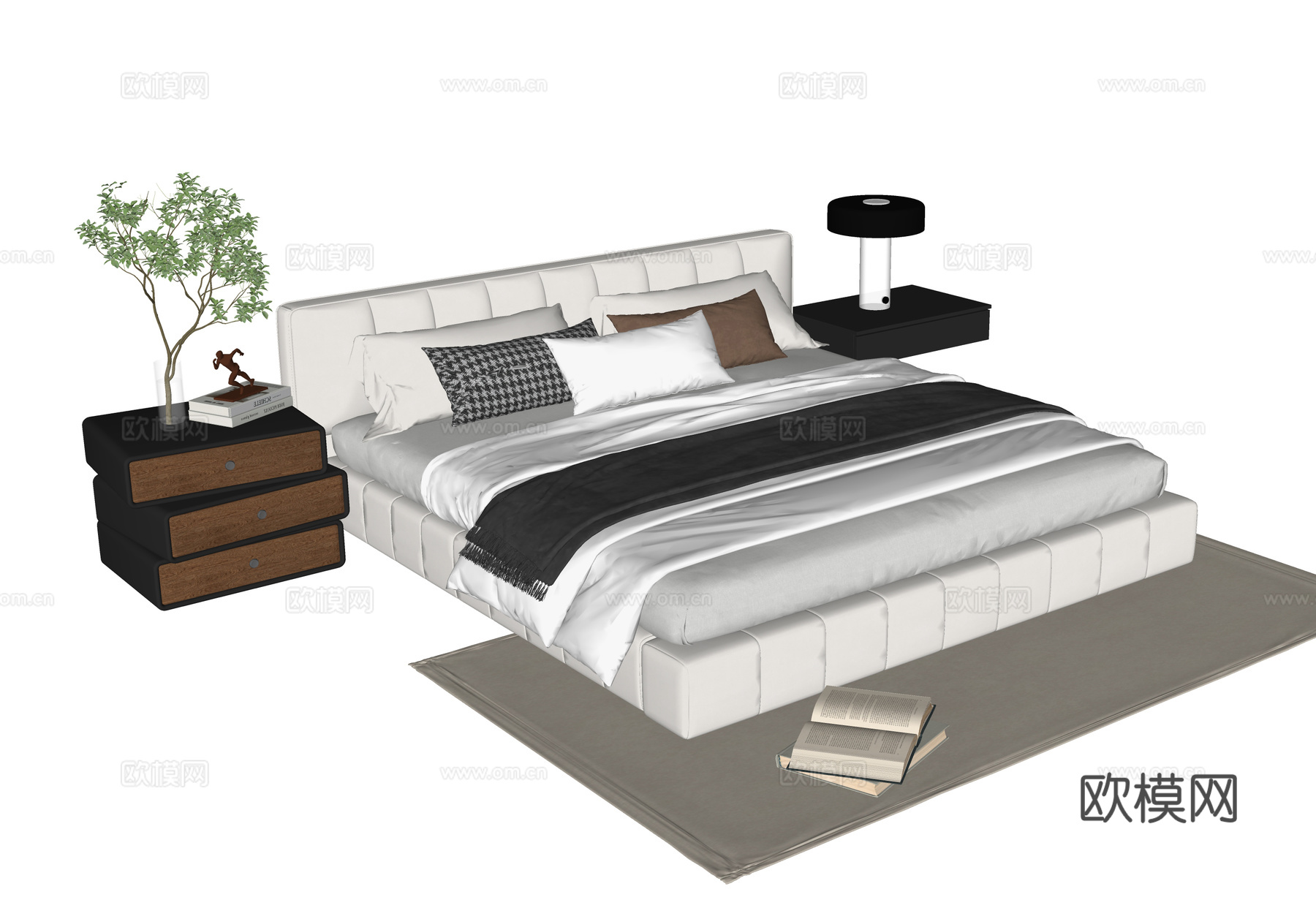 现代双人床 床头柜su模型