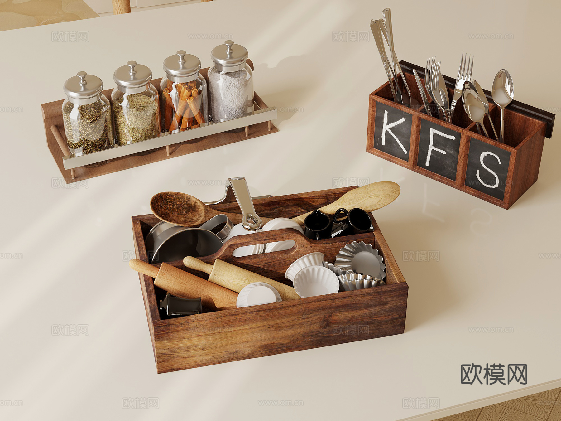 现代复古厨房器具 餐具 调料 置物架 收纳盒su模型