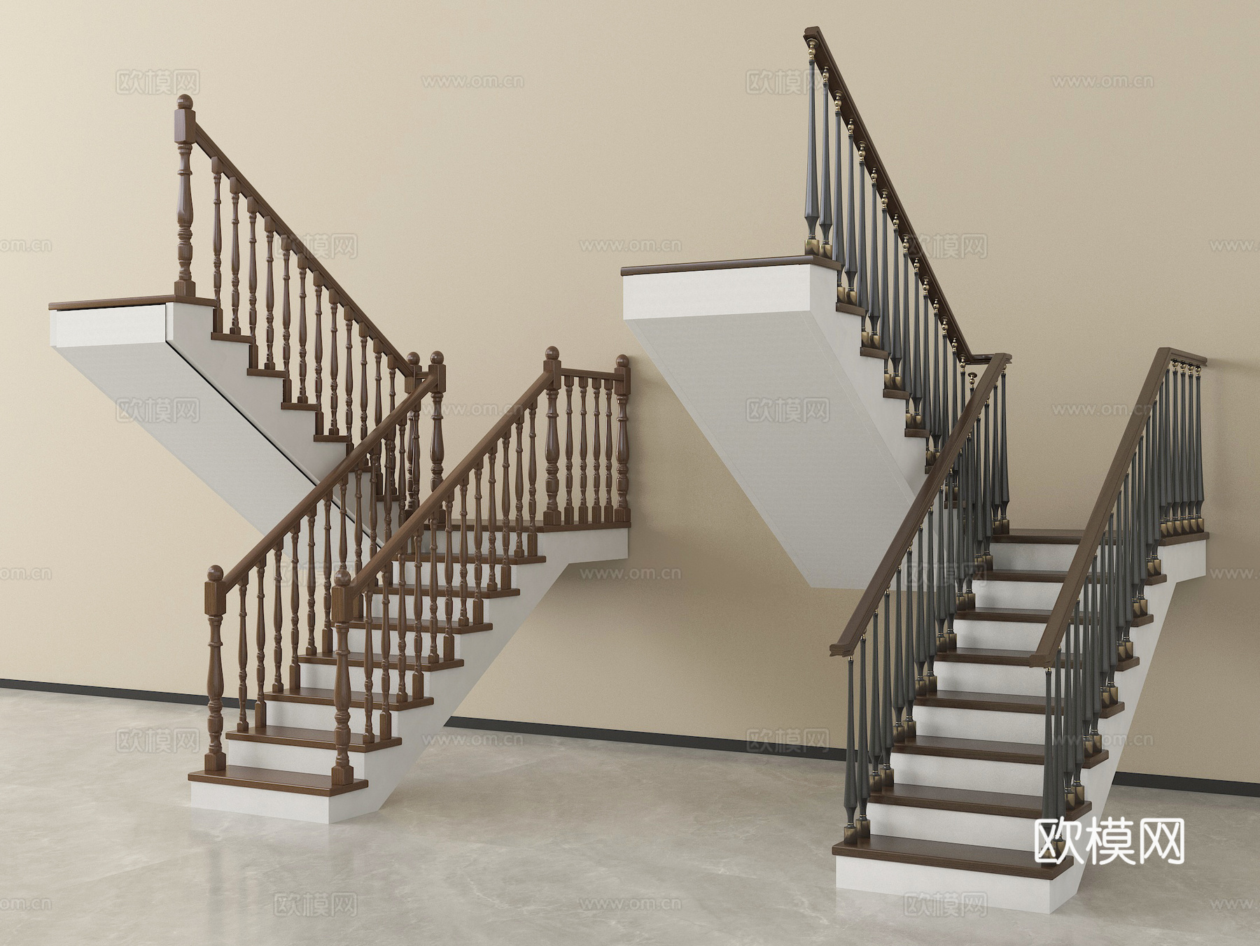新中式楼梯扶手梯 楼梯栏杆护栏 转角楼梯台阶梯级su模型