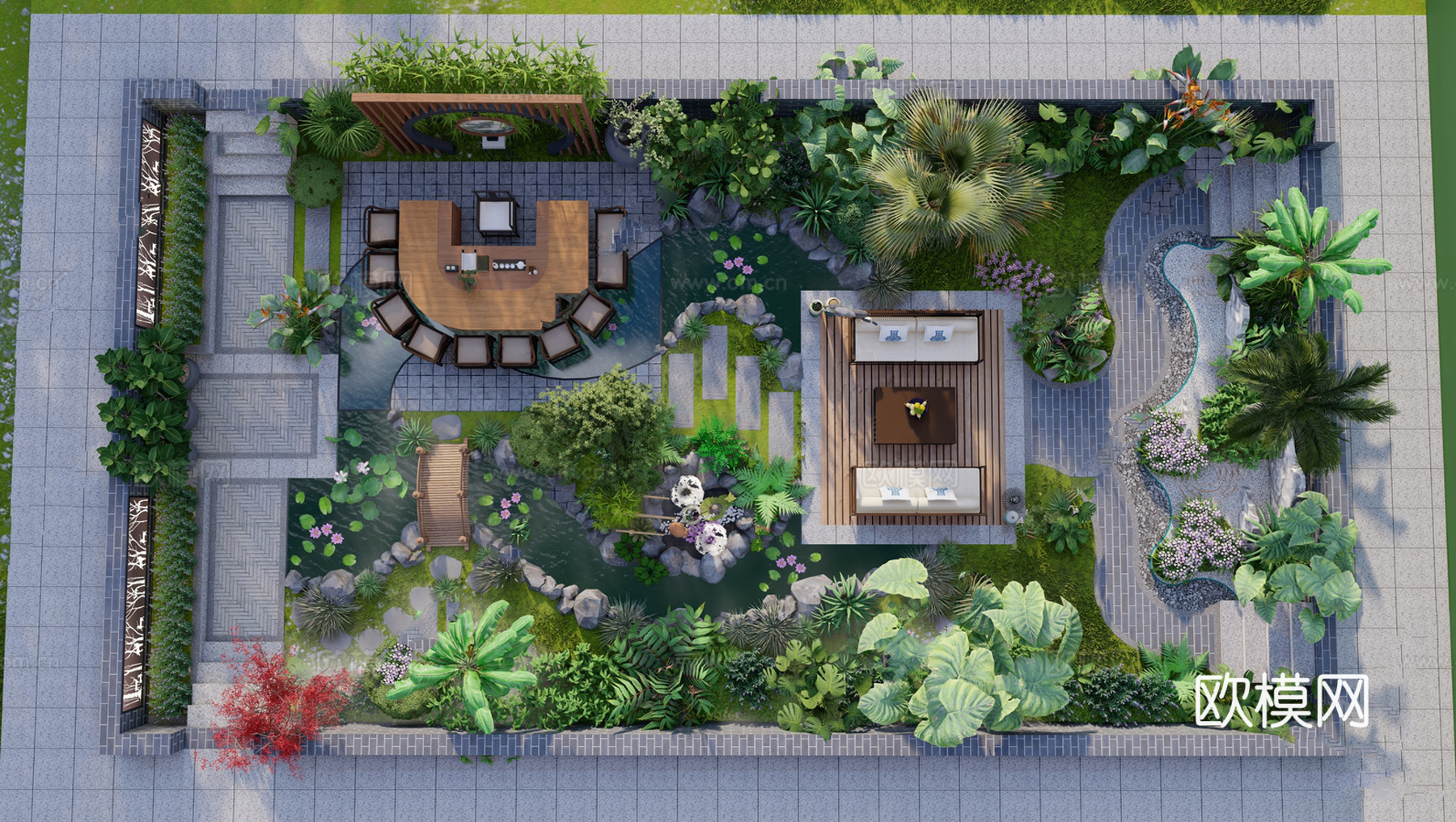 新中式庭院景观 庭院花园su模型