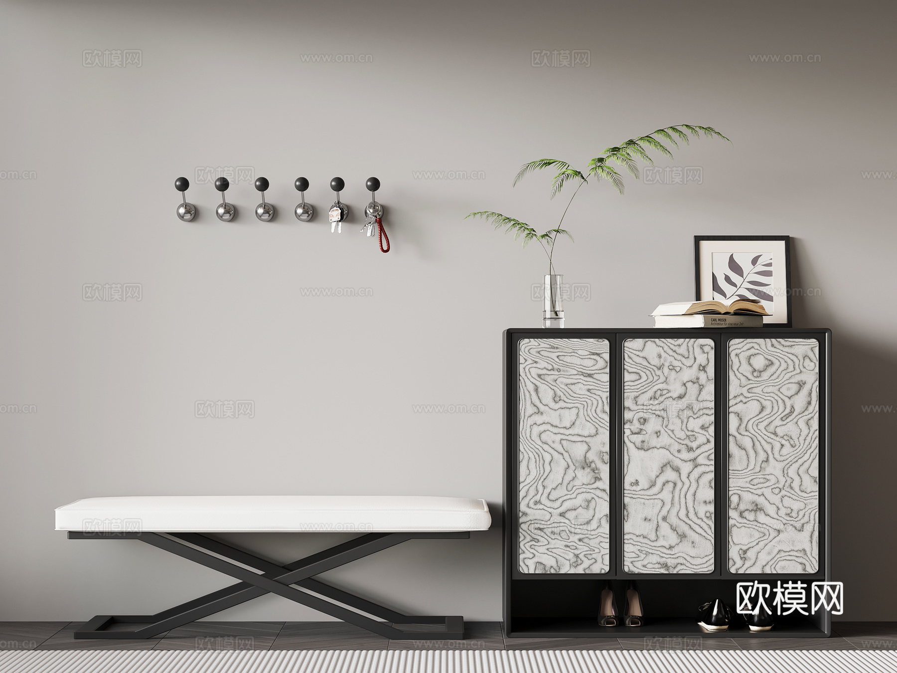 现代意式鞋柜 换鞋凳 挂衣钩su模型