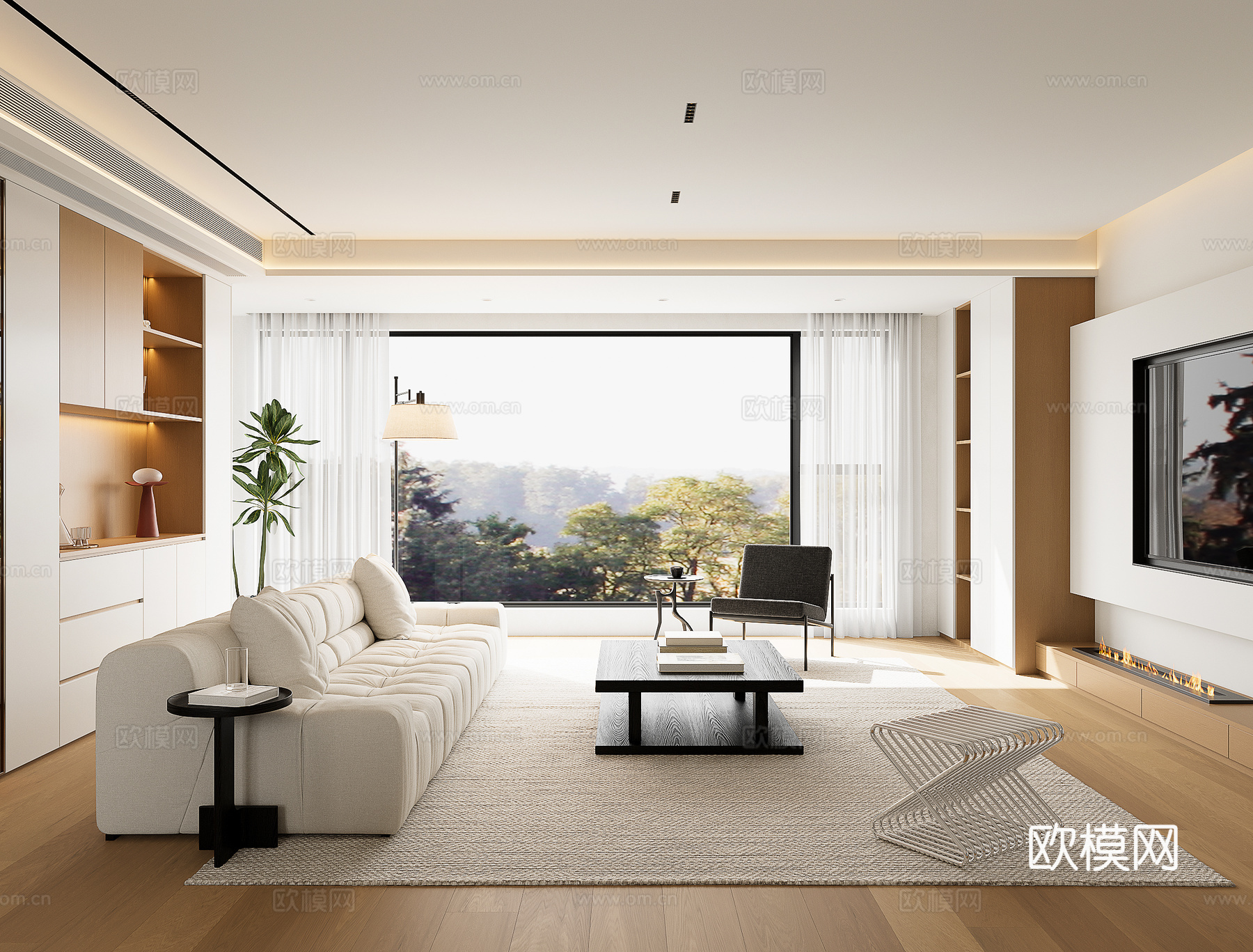 原木风无主灯客厅su模型下载（渲染图1）