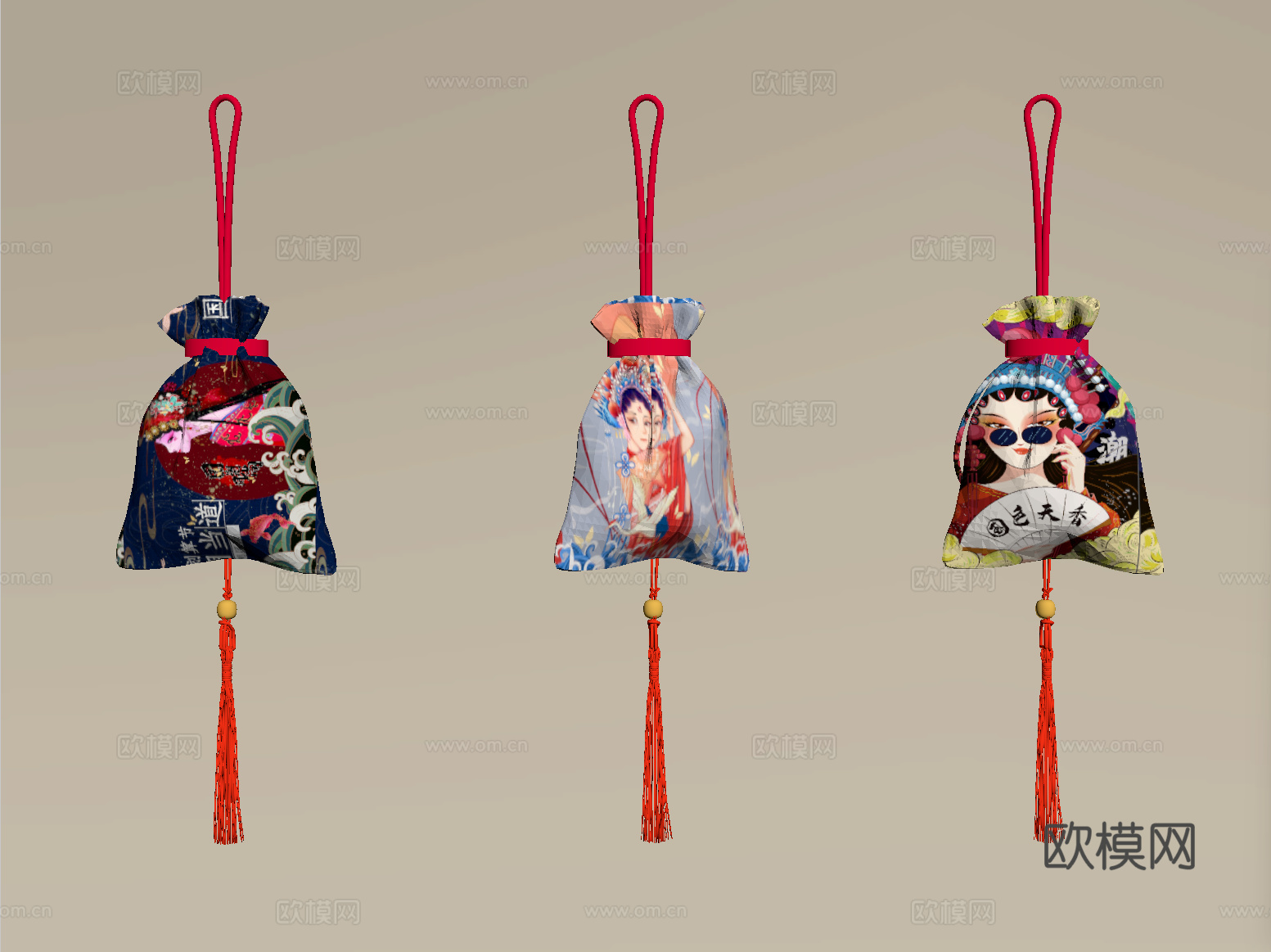 新中式挂件 刺绣香囊挂件 香包荷包su模型