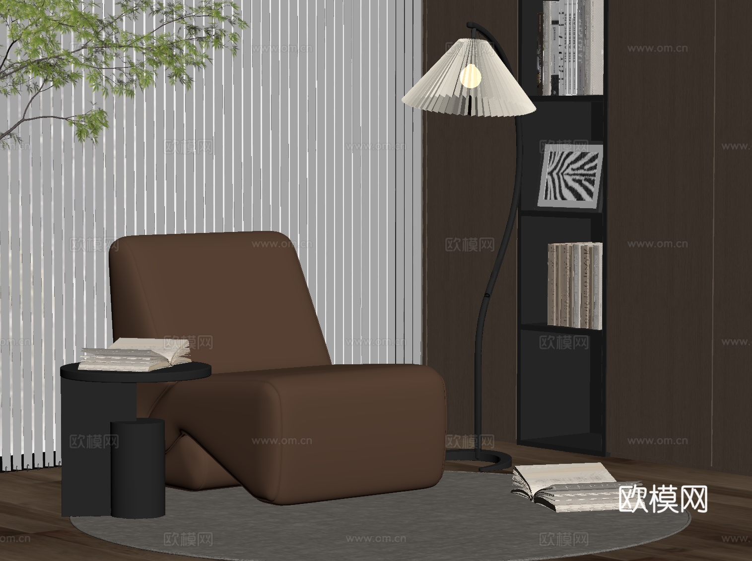 现代意式单人沙发 休闲沙发 落地灯 边几su模型