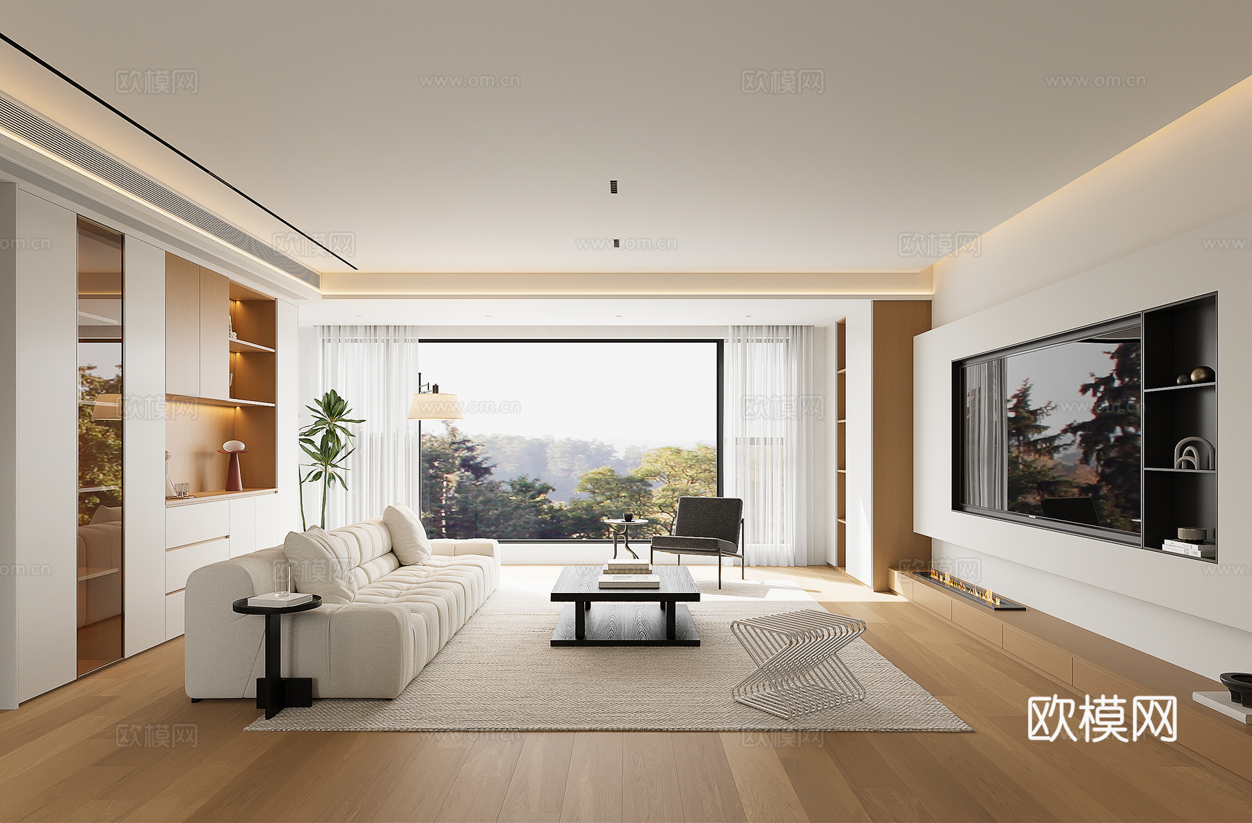 原木风无主灯客厅su模型下载（渲染图3）